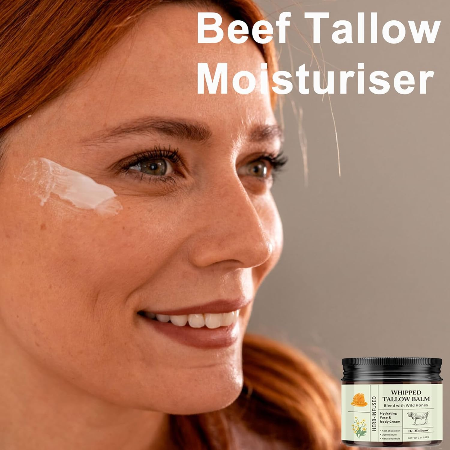 Beef Tallow Moisturiser, Tallow and Honey Balm, Grass-Fed Beef Tallow for Skin, Hydrating Beef Tallow Balm for Face Body, Skincare Cream with Olive Oil, Fast Absorption