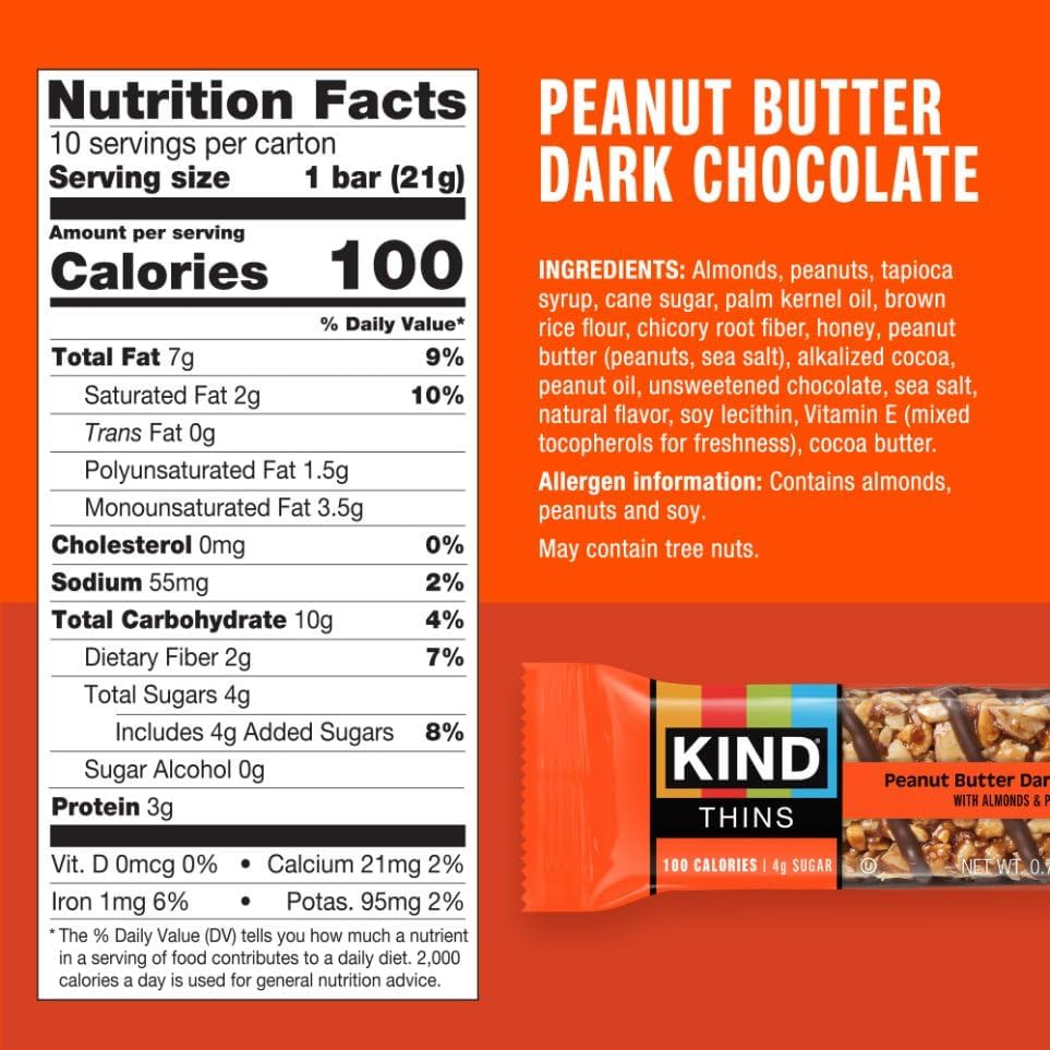 KIND Thins Peanut Butter Dark Chocolate Bars, Gluten Free, 100 Calories, 0.74 Oz Bars, 10 Count