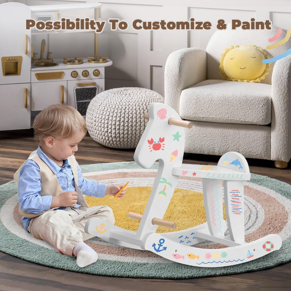 Labebe Child Rocking Horse, Wooden Rocking Horse Toy, White Rocking Horse for Kid 1-3 Years, Vintage Rocking Horse Set/Kid Rocking Horse Chair/Outdoor Rocking Horse/Rocker/Animal Ride/Rocking Toy