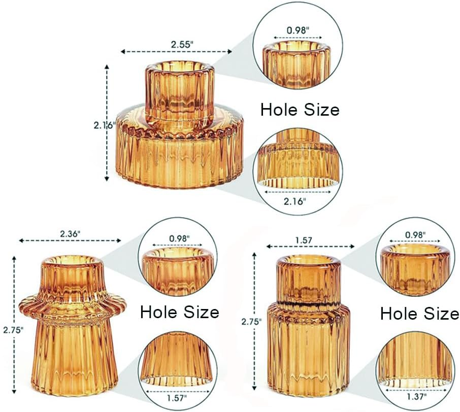 Maxblaster Amber Glass Candle Holder, 3Pcs Conical Glass Candle Holders for Taper Candle Stand, Elegant Dinner Party Decorations, Candlestick Holders for Wedding, Festival, Dinning&Party - Transparent image number 2