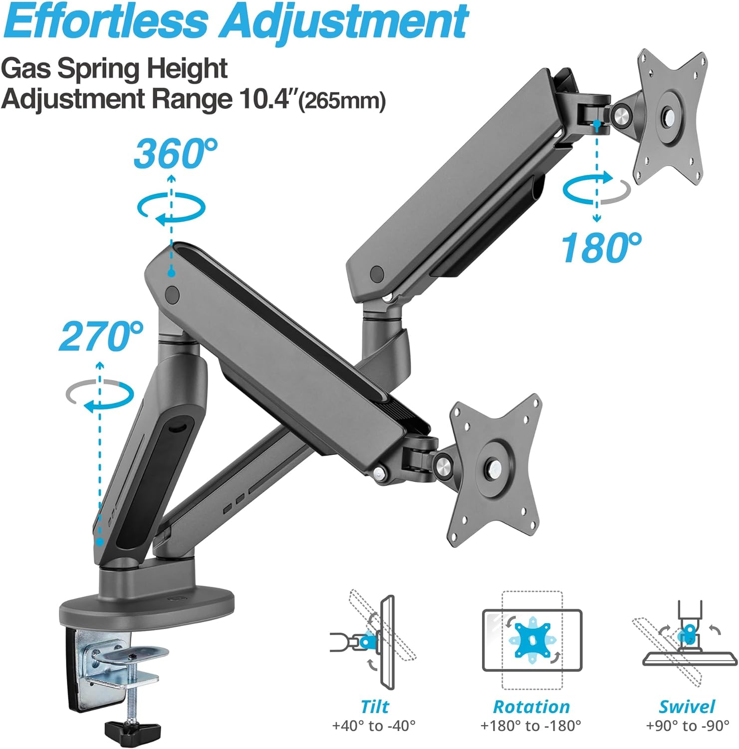 AVLT Dual RGB Gaming Monitor Arms Desk Mount, Fits 27&rdquo;-43&rdquo; Ultrawide Screens, 20 Lighting Modes with Touch Control, Adjustable Height, Swivel Tilt Rotation Stand - Dark Gray image number 3