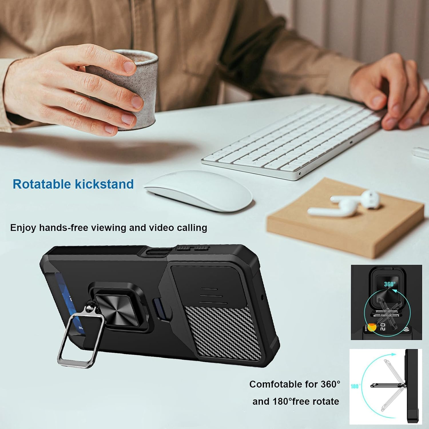 Rojarou for Samsung A17 Case with Card Holder,For Samsung Galaxy A17 Case with [Slide Camera Cover][360&deg; Rotate Ring Stand] Heavy Duty Protective Phone Case for A17 5G-Black image number 3