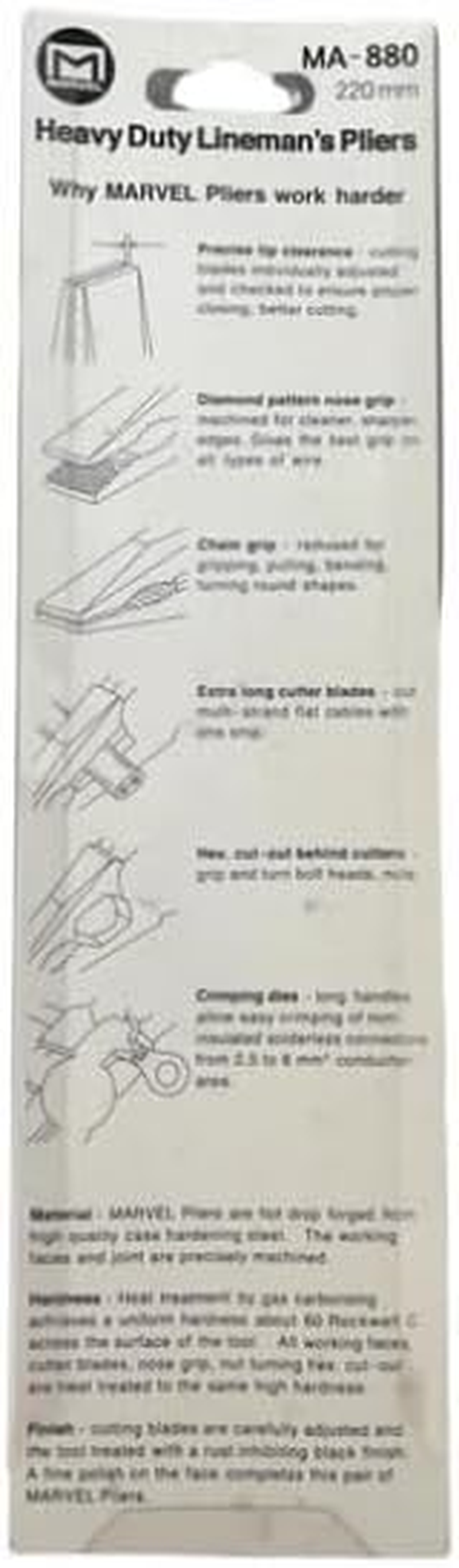 MARVEL MA880 - Heavy Duty Linesman'S Pliers 225Mm Drop Forged Hardened Steel Black