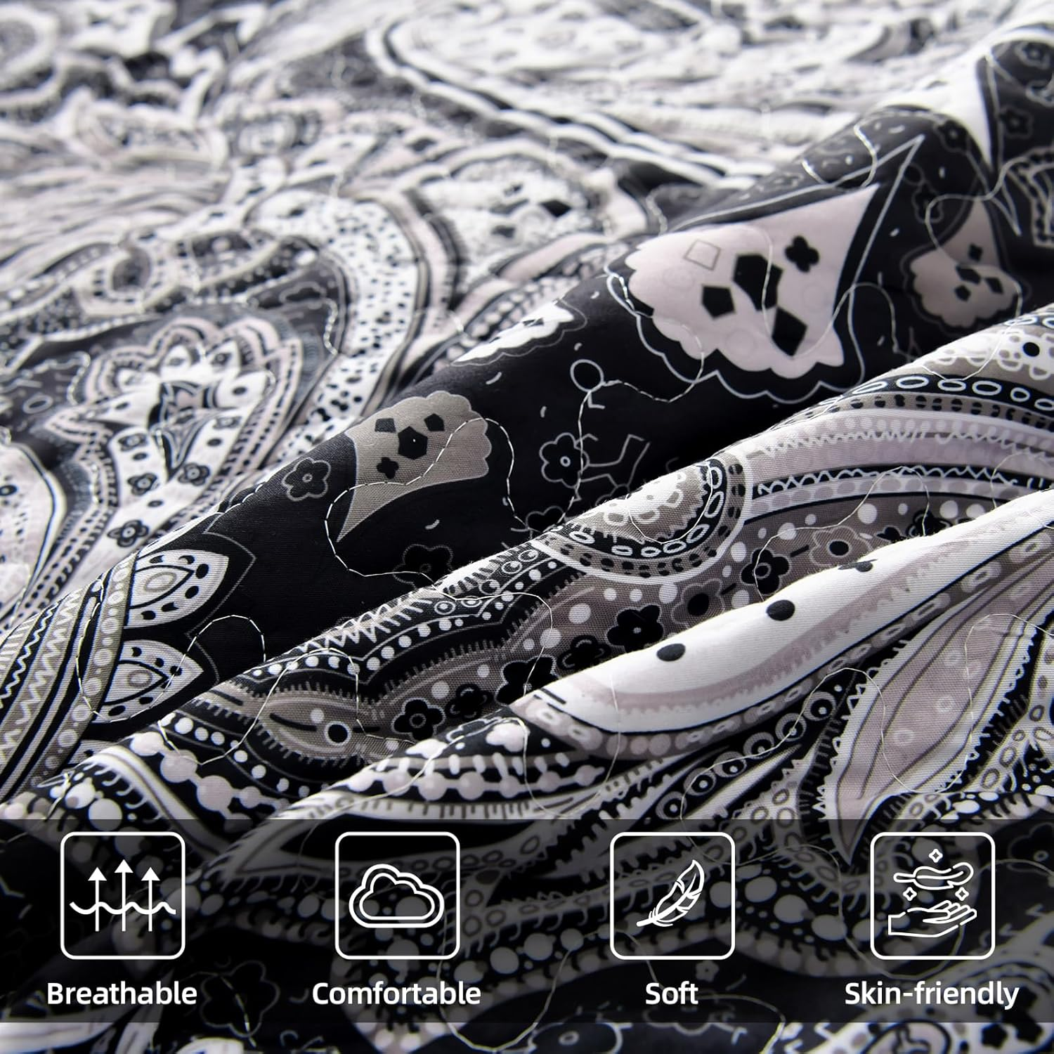 Black Paisley Quilt Set Queen Size Boho Bedspread Coverlet Set 3 Pieces, Soft Lightweight Black and Gray Paisley Floral Pattern Bedding for All Season, 96''X90'' image number 7