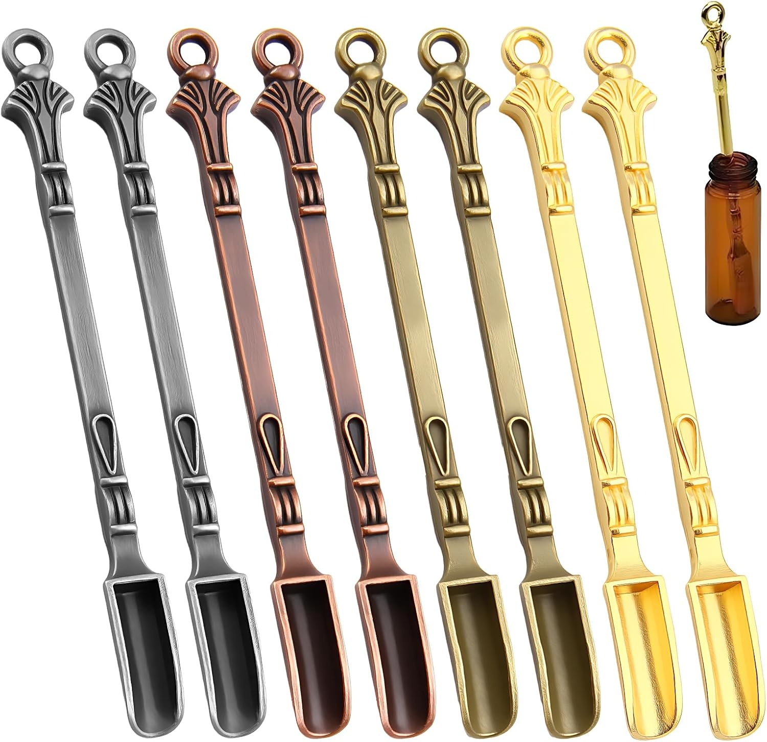 8 Pcs Mini Snuff Spoon, Metal Small Shovel Powder/Medicine Scoop Pendants Necklace Loop for Home Supplies Baking Cooking Coffee Sugar Filling Jars/Salts/Herbs Craft Tools (4 Colors)