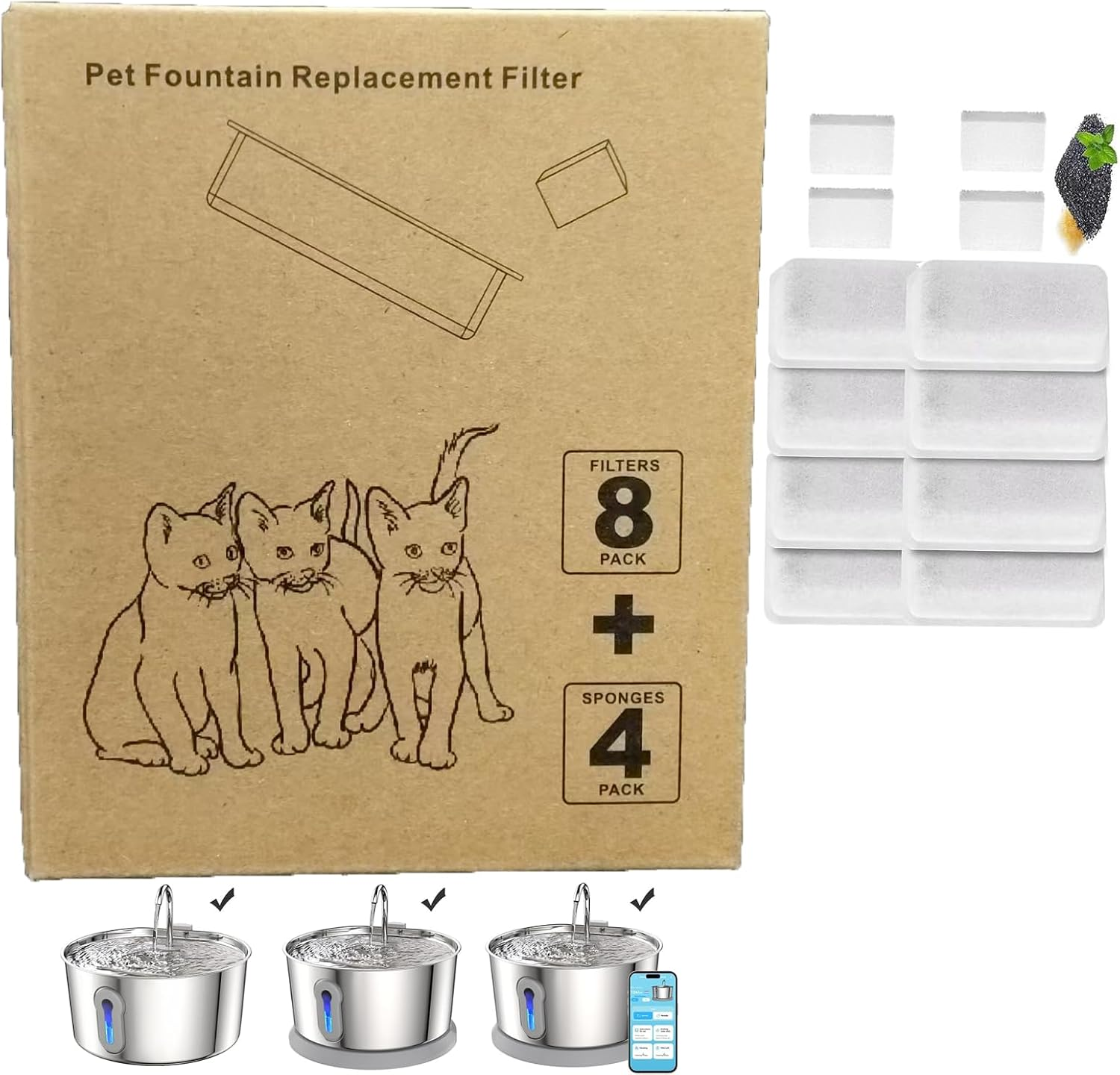 Cat Water Fountain Stainless Steel - 4L Pet Water Fountain for Cats Indoor - Automatic Pet Watering Dispenser Replacement Filters, 8 Pack Replacement Filters & 4 Pack Replacement Sponges image number 1