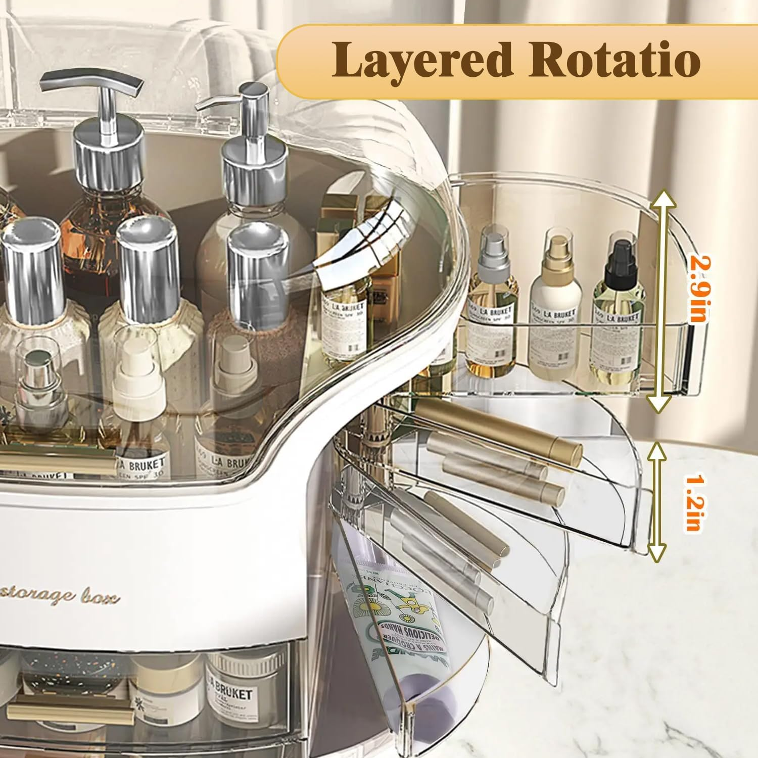 Makeup Organizer for Vanity, Portable Cosmetic Storage Box with Transparent Lid and Rotating Drawer, Dustproof and Waterproof Large Countertop Organizer Make up Holder for Bedroom, Bathroom image number 2