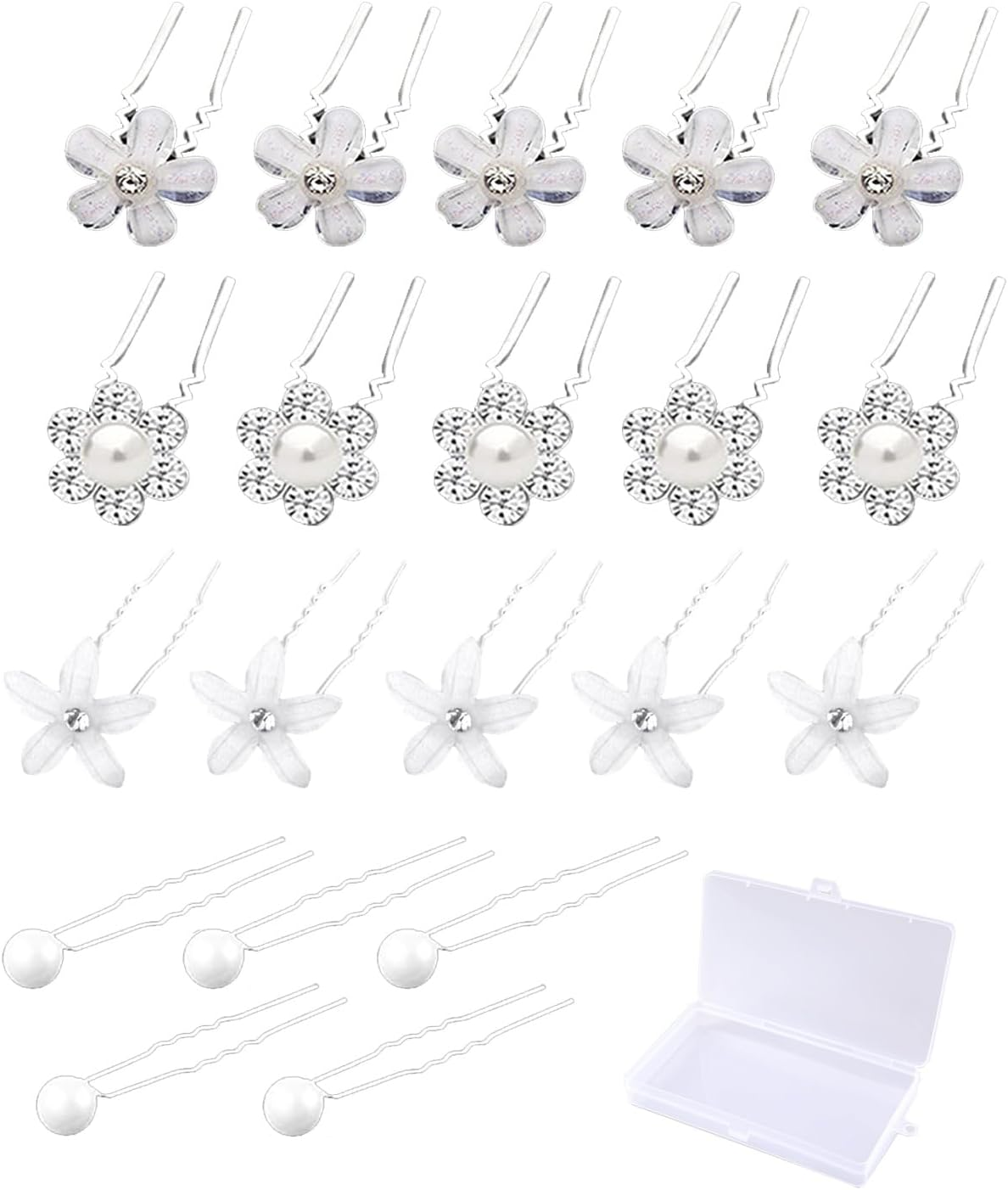Pack of 20 Hair Pins with Pearls, 4 Sizes, U-Shaped Hair Accessories, Bridal Wedding Hair Pins, Crystal Flower Hair Pin, Flowers, Pearls, Bridal Rhinestone Hair Pin for Women and Girls, Wedding, Prom image number 4