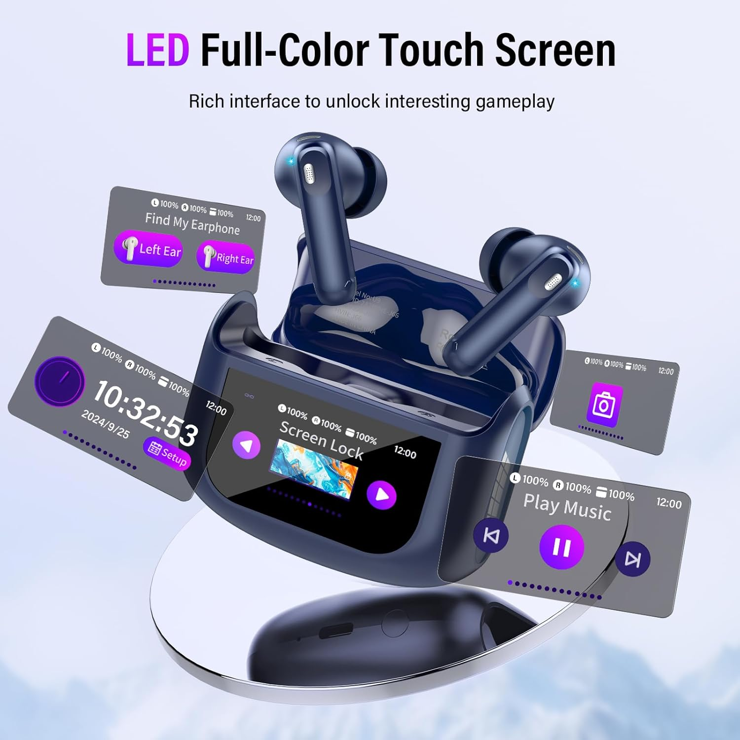 Touchscreen Bluetooth Headphones, In-Ear Headphones, Wireless Bluetooth 5.4 with ANC+ENC Noise Cancelling Mic, 48 Hours Immersive Deep Bass Earbuds, Blue image number 5