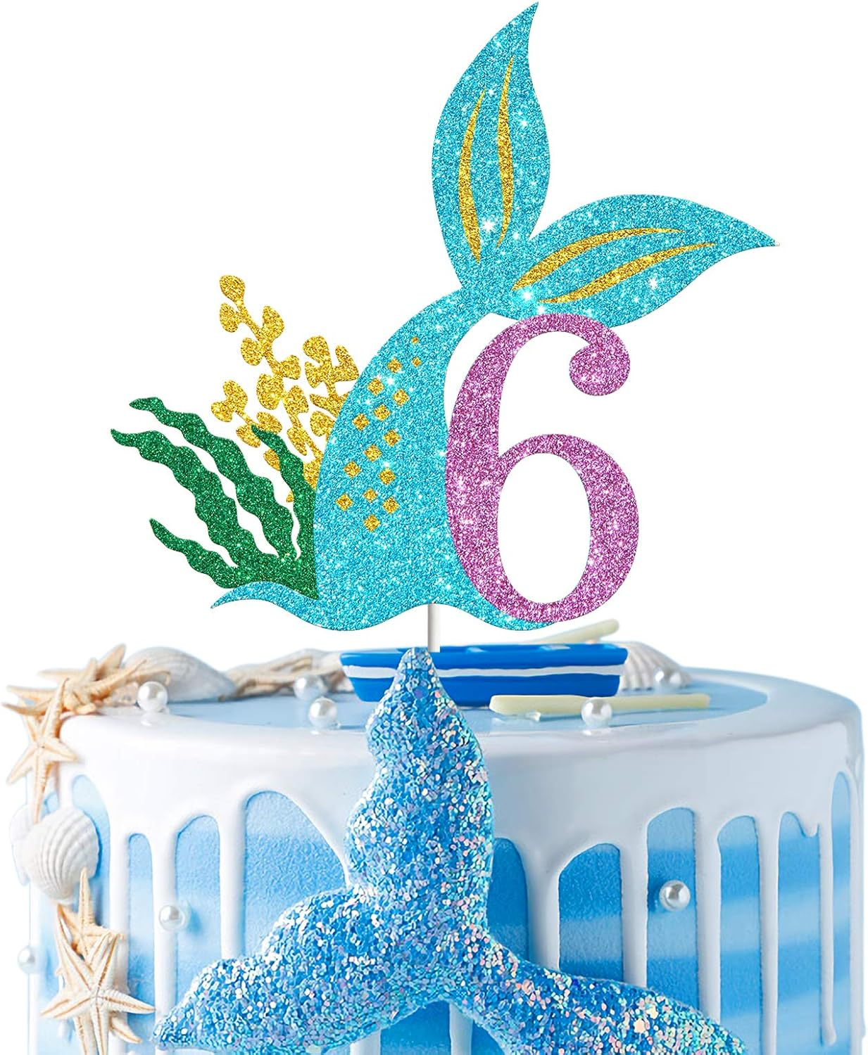 Mermaid Six Cake Topper, Happy 6Th Birthday Cake Decor, I'M Six Sign, Little Mermaid Birthday Party Decoration Supplies, Daughter of the Sea, under the Sea Themed, Ocean Themed - Glitter
