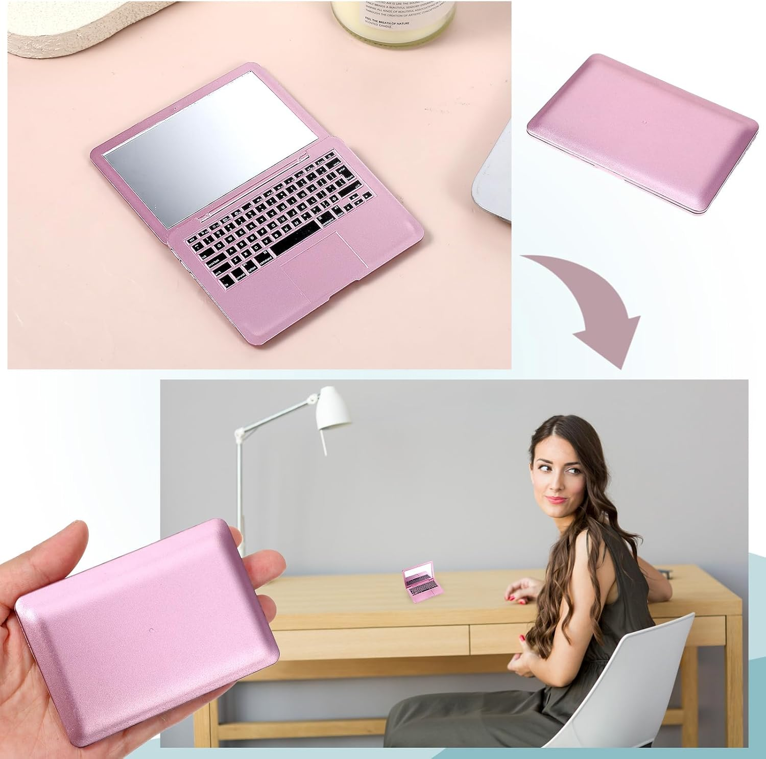 Psyqtsuary Mini Laptop Mirror, 1 Pcs Pocket Size Laptop Shaped Mini Makeup Mirror Portable Small Compact Folding Computer Mirror for Dollhouse Pet Travel Home Makeup Decorations (Rose Gold) - Silver image number 2