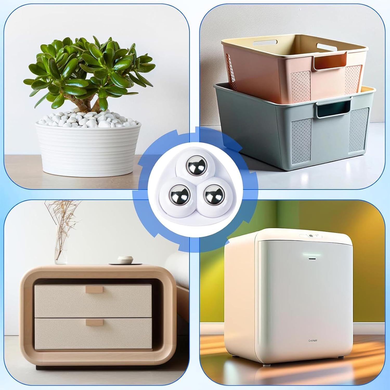 20Pcs Self-Adhesive Mini Caster Wheels, 360&deg; Rotation Stainless Steel Paste Sticky Wheels,Universal Mini Swivel Caster Wheels for Box Bottom Storage Rack Furniture Trash Can (Three Beads)