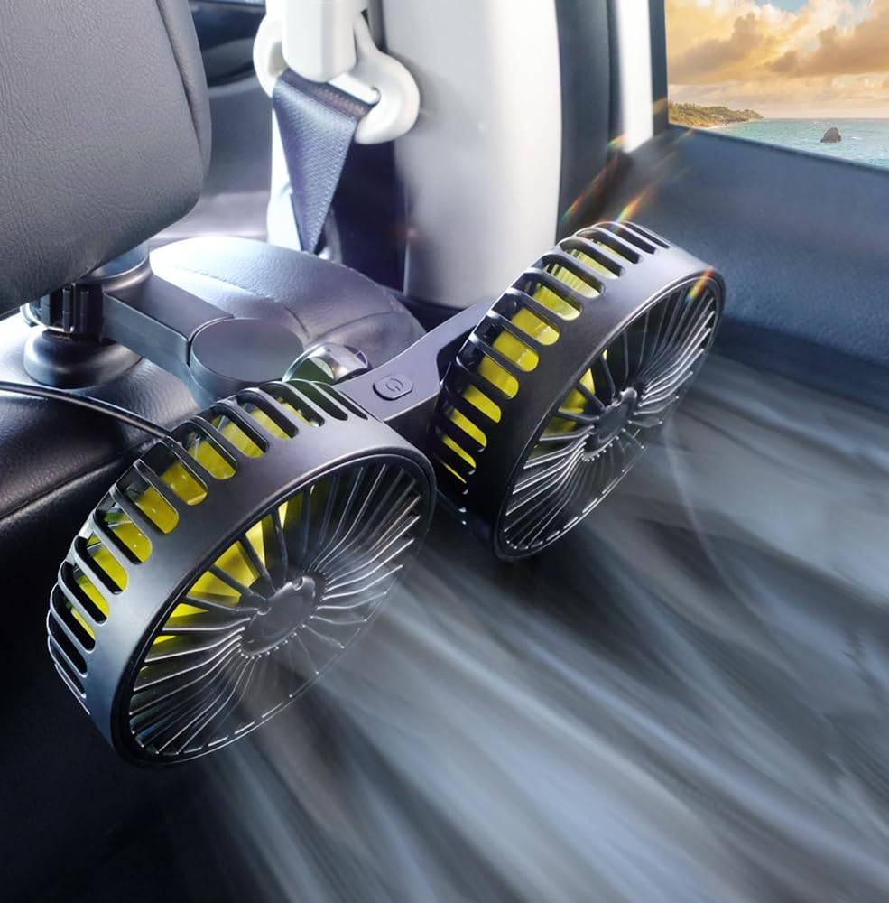 Reelau Car Backseat Fan USB Operated, Dual Head 5V USB Car Cooling Fan for Back Seat Super Strong Airflow Standing Desktop Fan Any Angle Adjustable Automobile Fan Vehicle Fan for Car Truck Van SUV RV image number 1