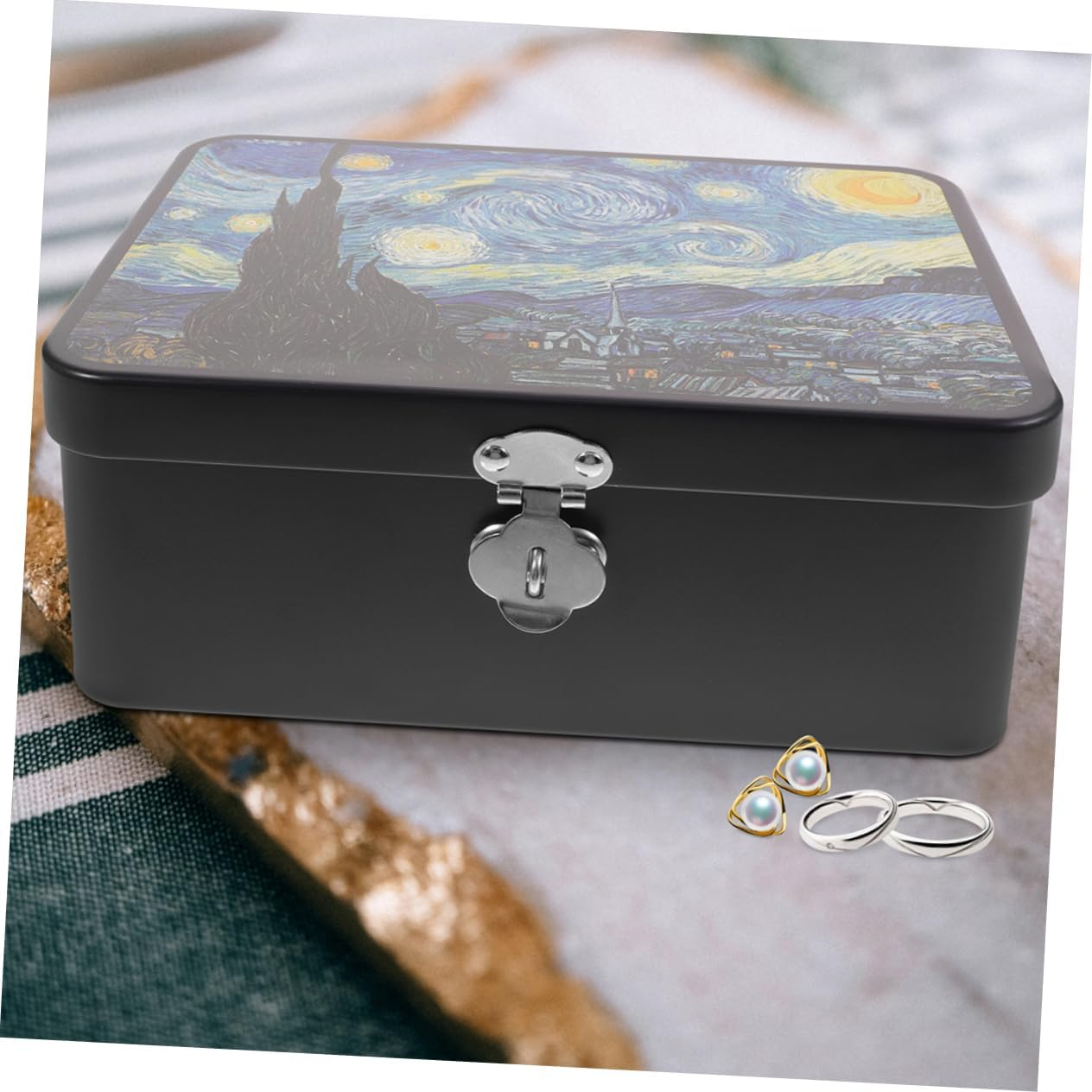 2Pcs Vintage Tinplate Box with Lock Medium Large Jewelry Storage Case Keepsake Organizer for Photos Decorative Treasure Box for Home image number 3