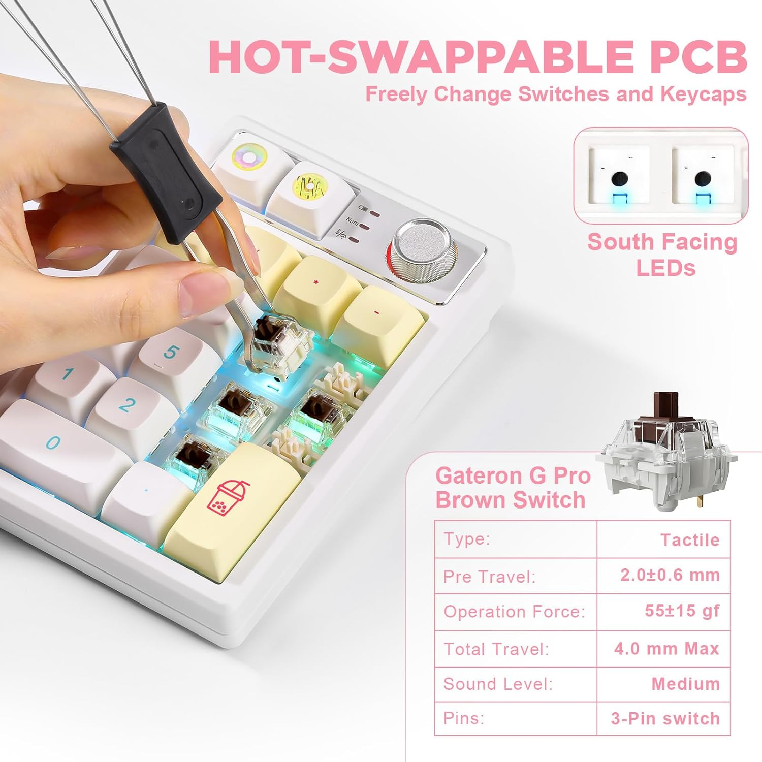 YUNZII YZ19 Wireless Mechanical Number Pad,19 Keys Numeric Keypad with Knob, RGB Gasket PBT Keycaps Hot Swappable Programmable Keyboard, Number Keypad for Laptop/Tablet/Pc/Mac/Win (Macaron Brown) image number 2