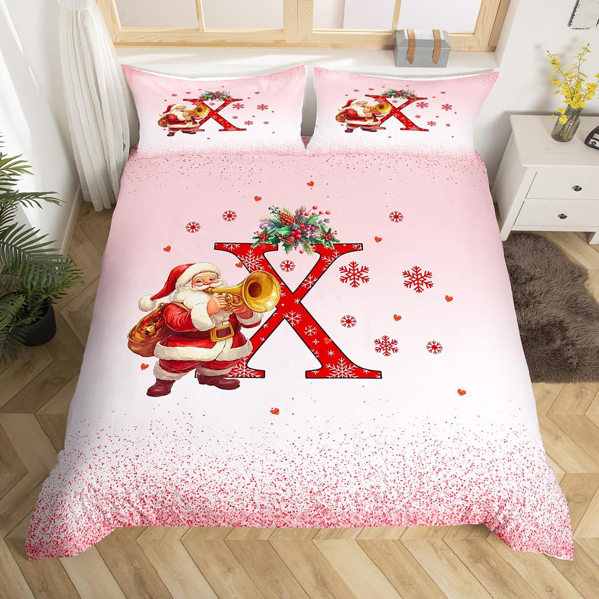 Homemissing Children'S Pink Christmas Theme Bedding Set 135 X 200 Cm Alphabet Personalised Initials Letter X Duvet Cover Boys Girls Christmas Snowflakes Santa Claus Bedding Set image number 5