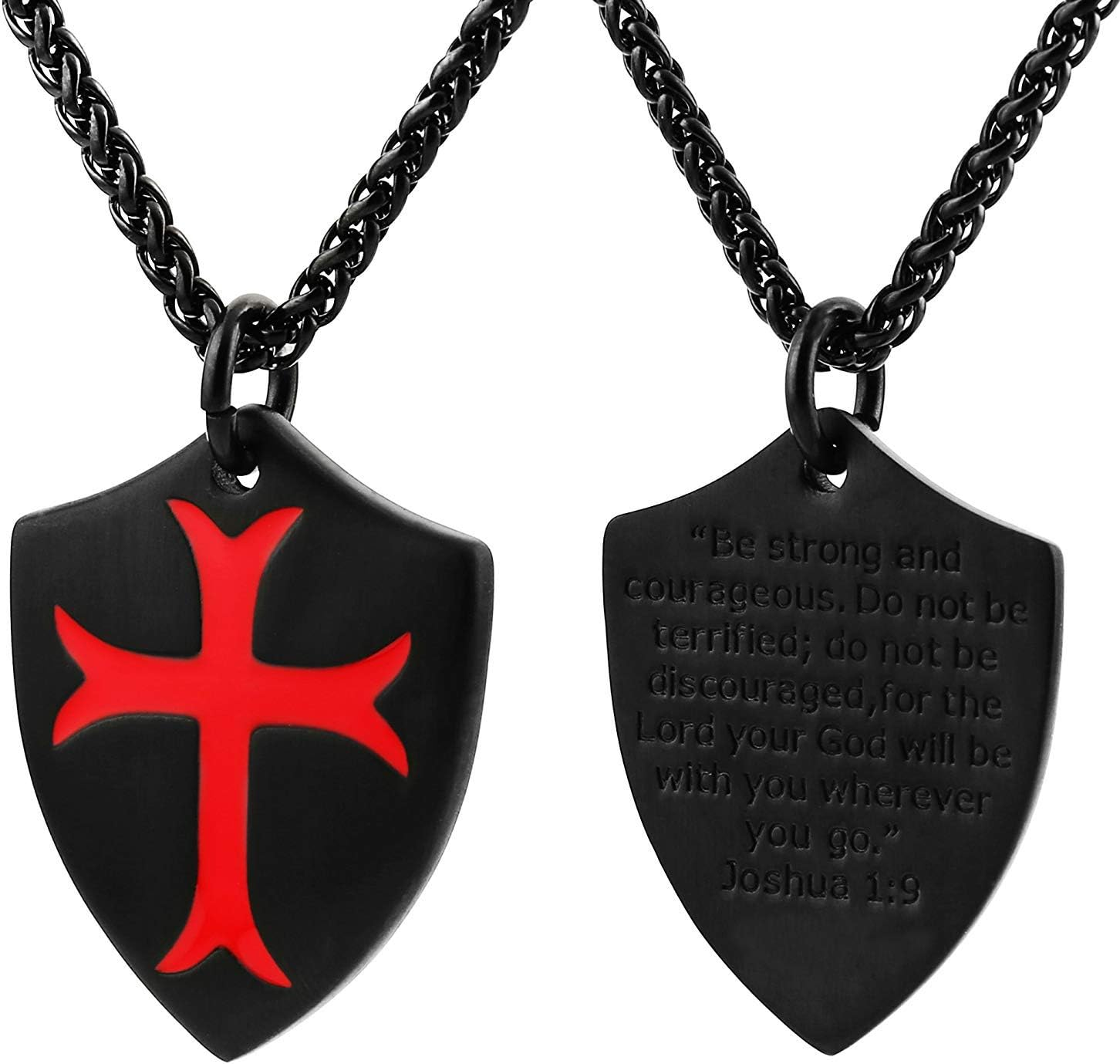 HZMAN Stainless Steel Knights Templar Cross Necklace Joshua 1:9 Shield Pendant with 22+2Inches Chain image number 3