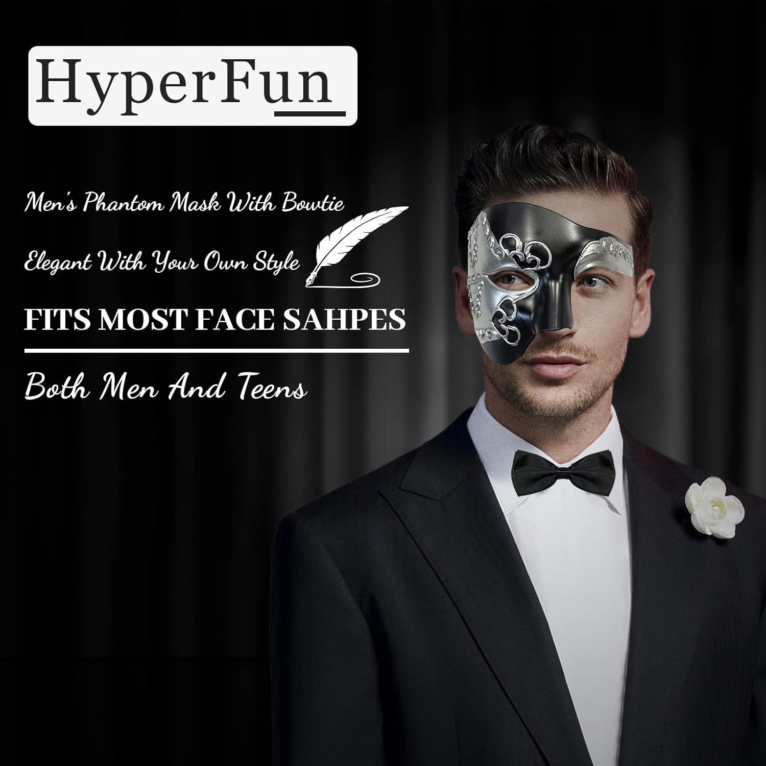 Hyperfun Masquerade Mask for Men Phantom of the Opera Half Face Mask with Bowtie, Vintage Venetian Masks for Costume Parties - Blue Pioneer image number 2