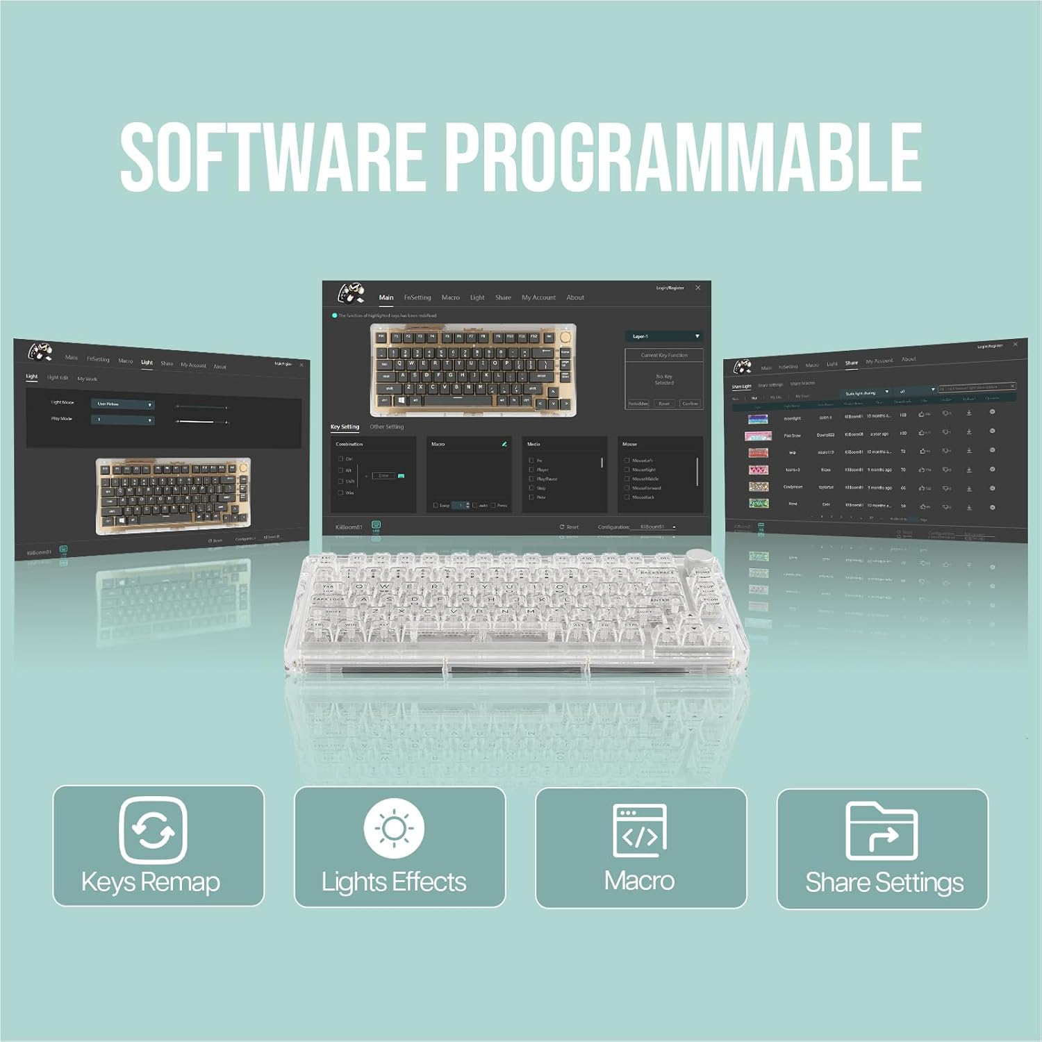 Kiiboom Phantom 81 75% Transparent Mechanical Gaming Keyboard, Hot Swappable Custom Gasket Keyboard with RGB Backlit, Clear Keycap, Rechargeable Battery, Triple Mode for Win/Mac (Phantom 81 V3 Clear) - Phantom 81 V3 Clear image number 5