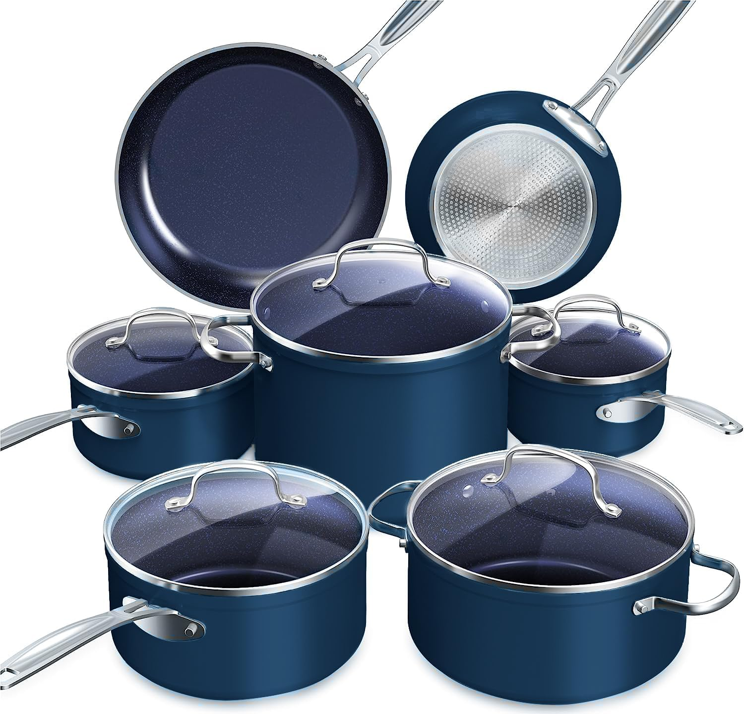 Nuwave Healthy Duralon Blue Ceramic Nonstick Coated Cookware Set, Diamond Infused Scratch-Resistant, PTFE & PFOA Free, Oven Safe, Induction Ready & Evenly Heats, Tempered Glass Lids & Stay-Cool Handle