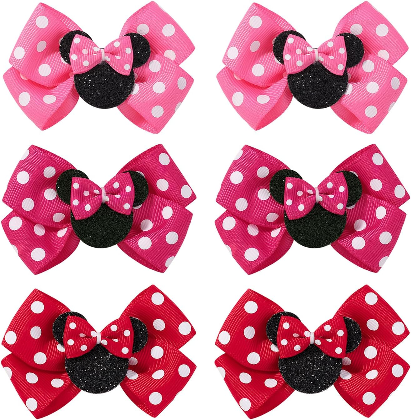 Baby Hair Accessory Set: 6 Piece Mouse Ear Bows and Clips for Girls, Women - Birthday, Party, or Everyday Wear
