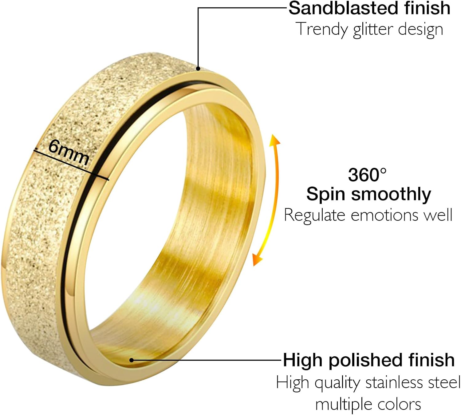 Anxiety Fidget Ring for Women,6Pcs Stainless Steel Fidget Spinner Ring,Adhd Fidget Ring,Worry Ring Anxiety Ring for Women Men,Thumb Ring Aura Ring for Women, 11, Metal image number 1