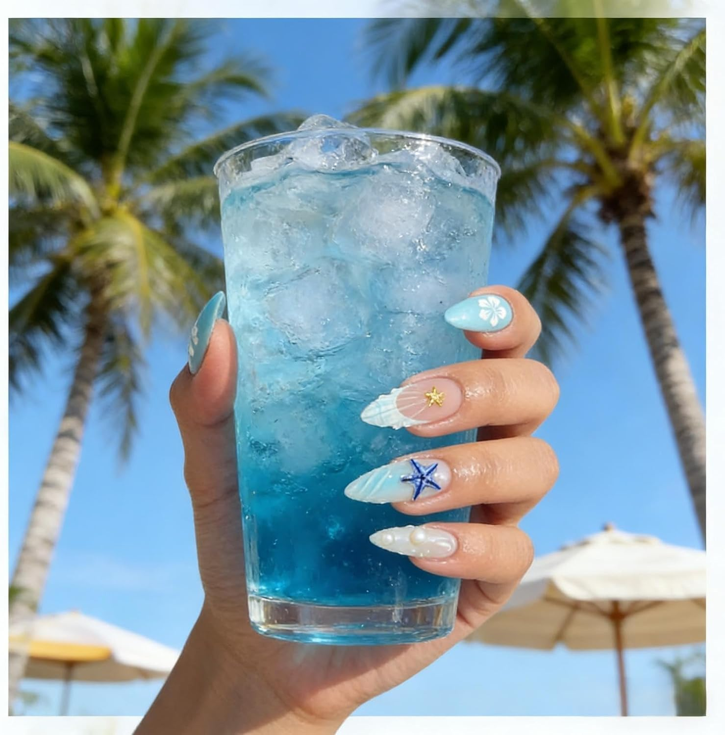 24Pcs 3D Mermaid Press on Nails | Blue Ocean Starfish & Shell Design | Medium Almond False Nails 12 Sizes + Nail File + Jelly Glue | Fake Nails for Women Girls image number 3