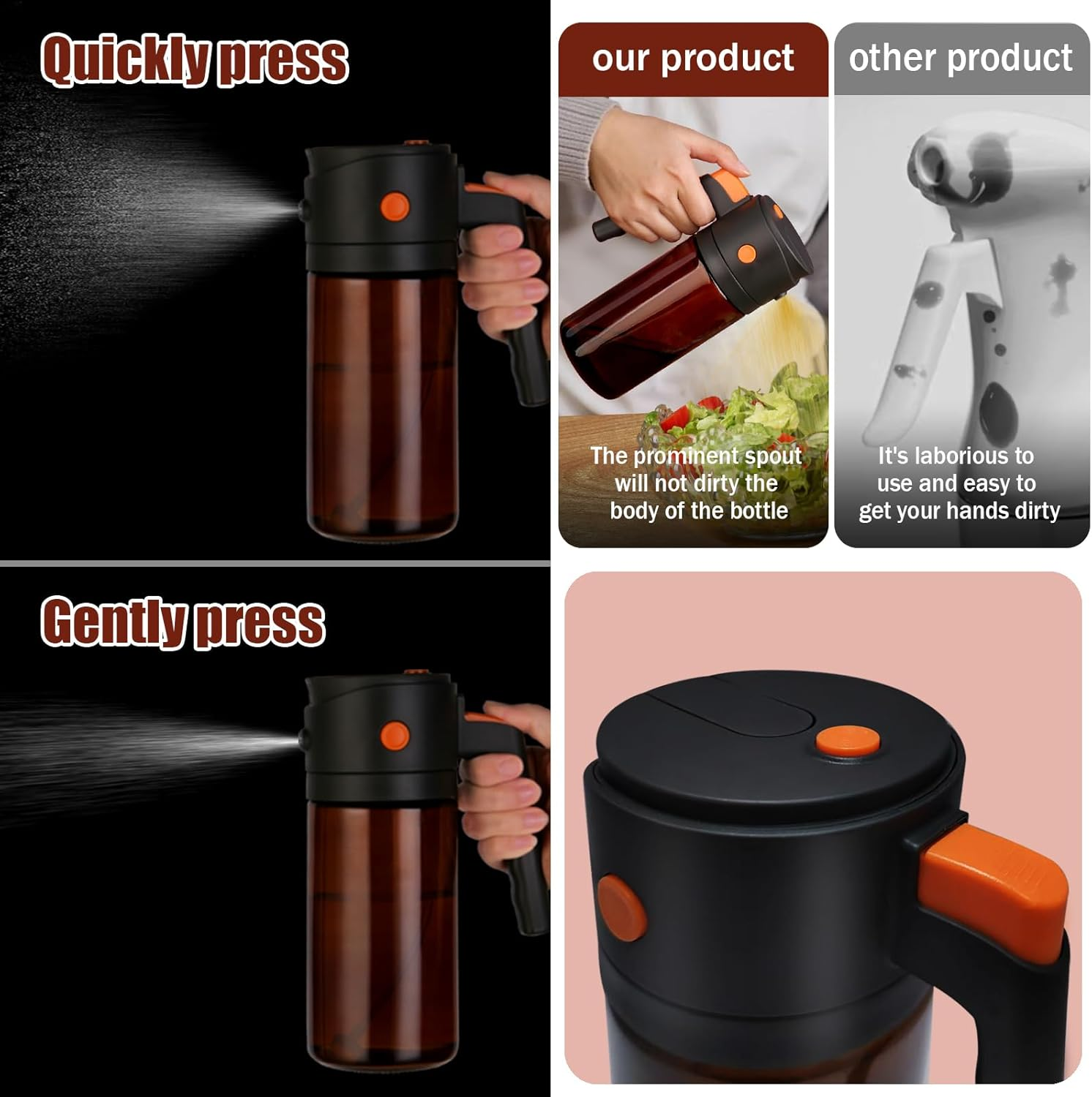 Glass Kitchen Maiden 2 in 1 Olive Oil Dispenser & Oil Sprayer for Kitchen Cooking, Olive Oil Dispenser Bottle, Auto Flip Cap, 16Oz Brown (Light Blockage) image number 4