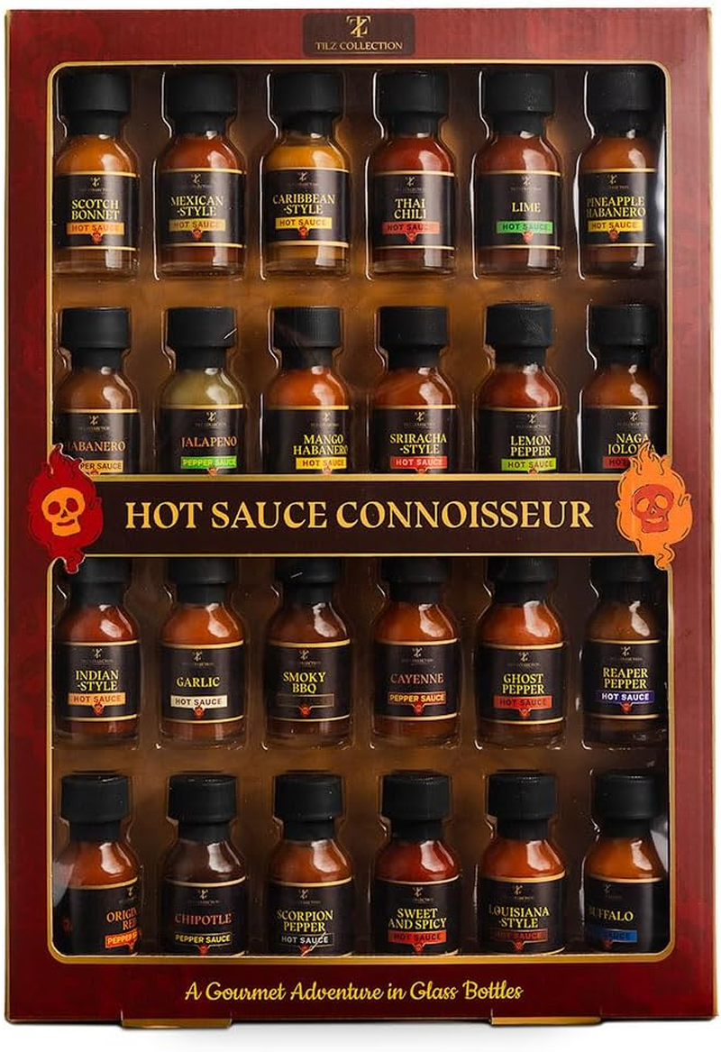 Tilz, Hot Sauce Gift Sets |24 Hot Sauce Bottles, Sampler, Chilli Sauce, Food Gifts for Men |Sriracha, Jalapenos, Garlic, Cayenne Pepper, ⁠Scotch Bonne, ⁠BBQ, Chipotle |Christmas Gifts Men, Women image number 1