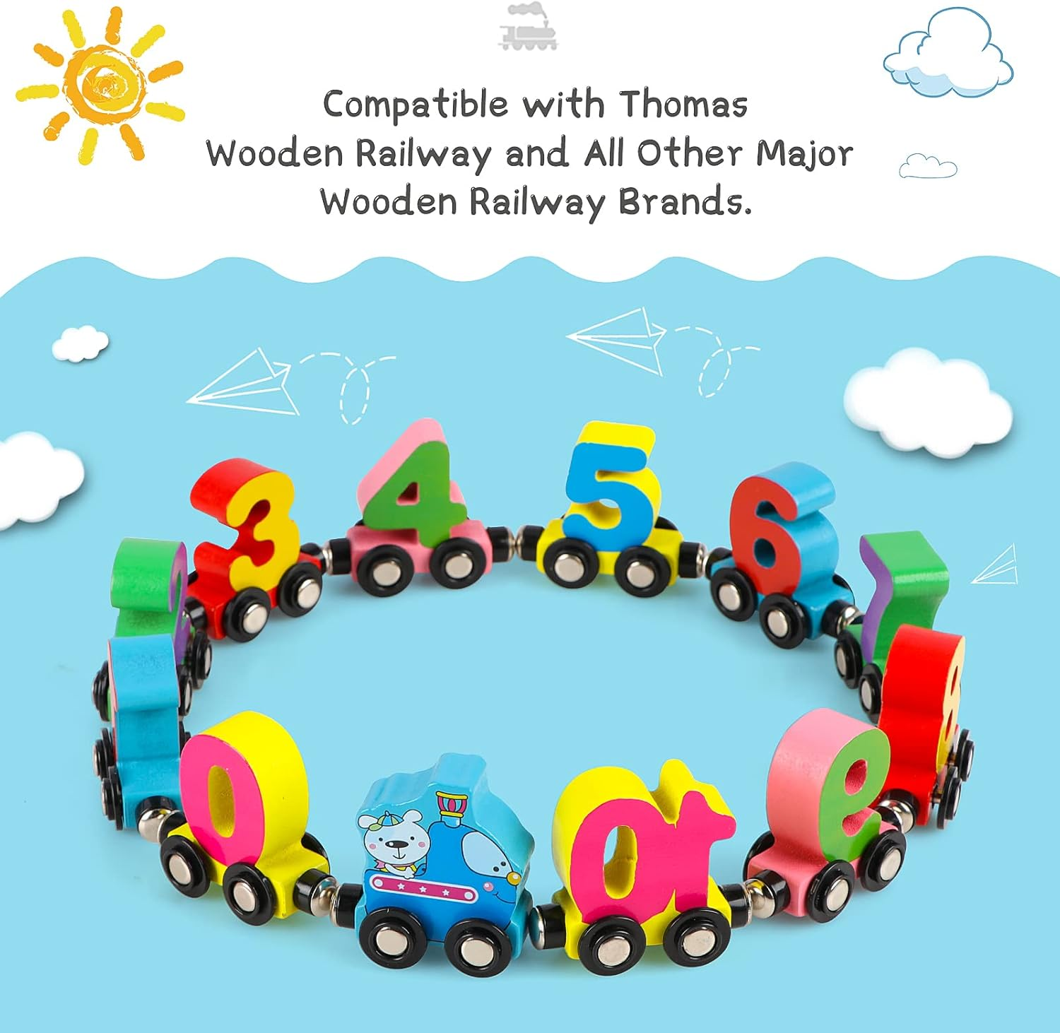 12 PCS Wooden Magnetic Number Train Set with Engine Cars for Toddlers Boys and Girls, Compatible with Major Brands Tracks image number 5