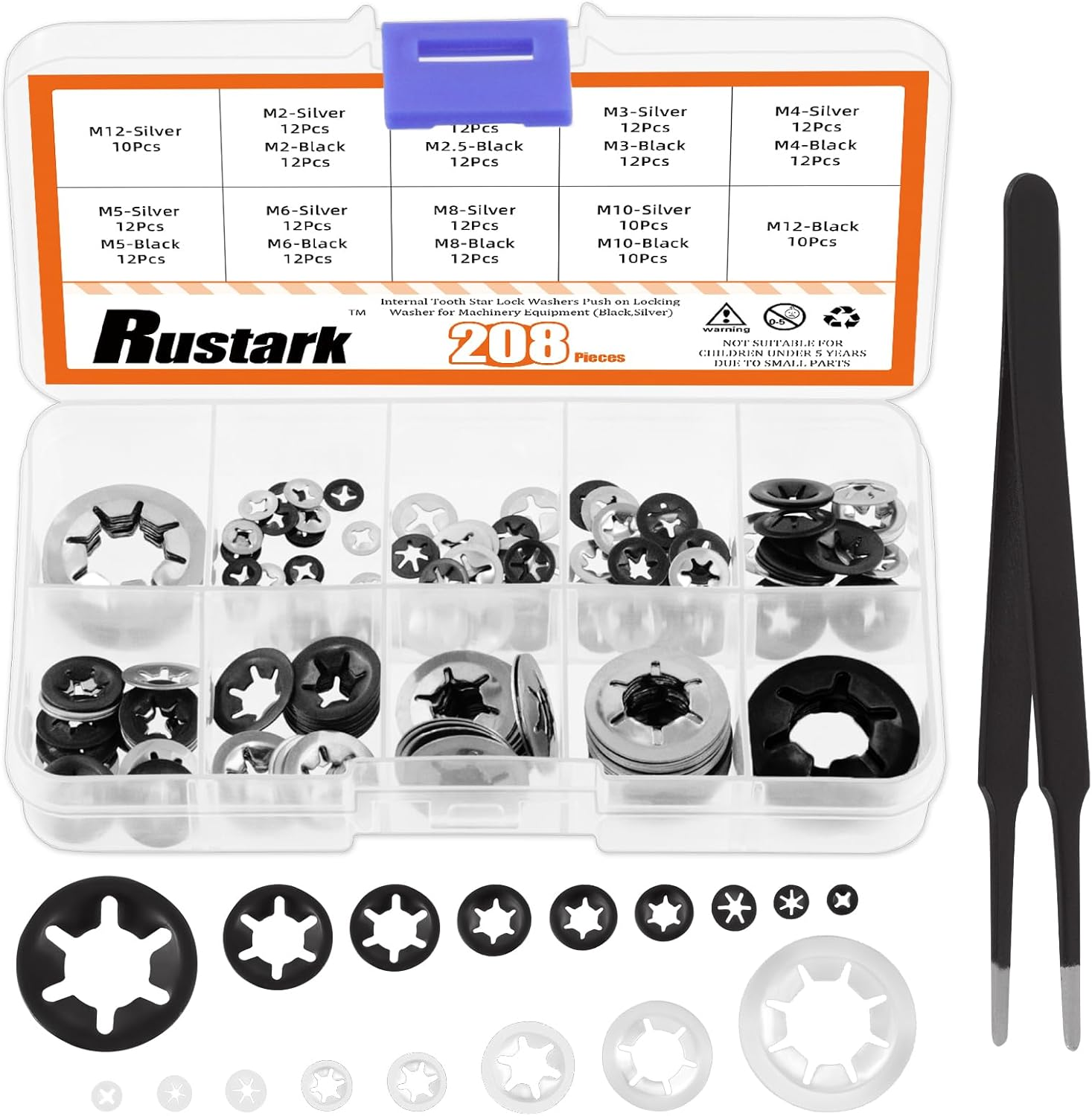 208Pcs M2-M12 9 Sizes Internal Tooth Star Lock Washers Assortment Kit, 304 Stainless Steel Quick Speed Locking Washers and Black Oxide Finish Push on Speed Washers Push on Locking Washer image number 5