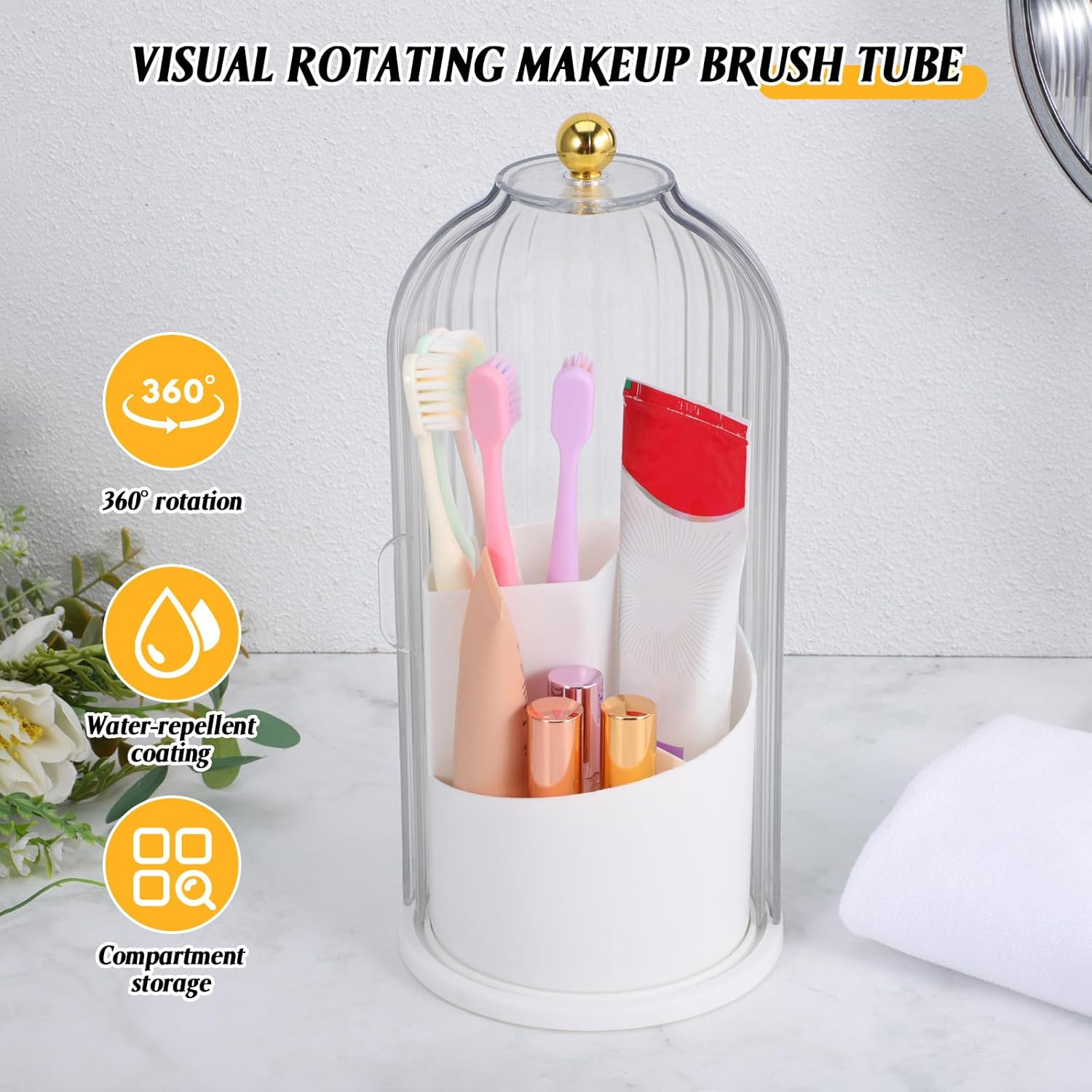 UKCOCO Rotating Makeup Brush Holder with Lid : Makeup Organizer for Vanity Dustproof Cosmetic Brush Organizer for Home Use, White, 9. 84 X 4. 92 X 4. 92 Inches image number 6