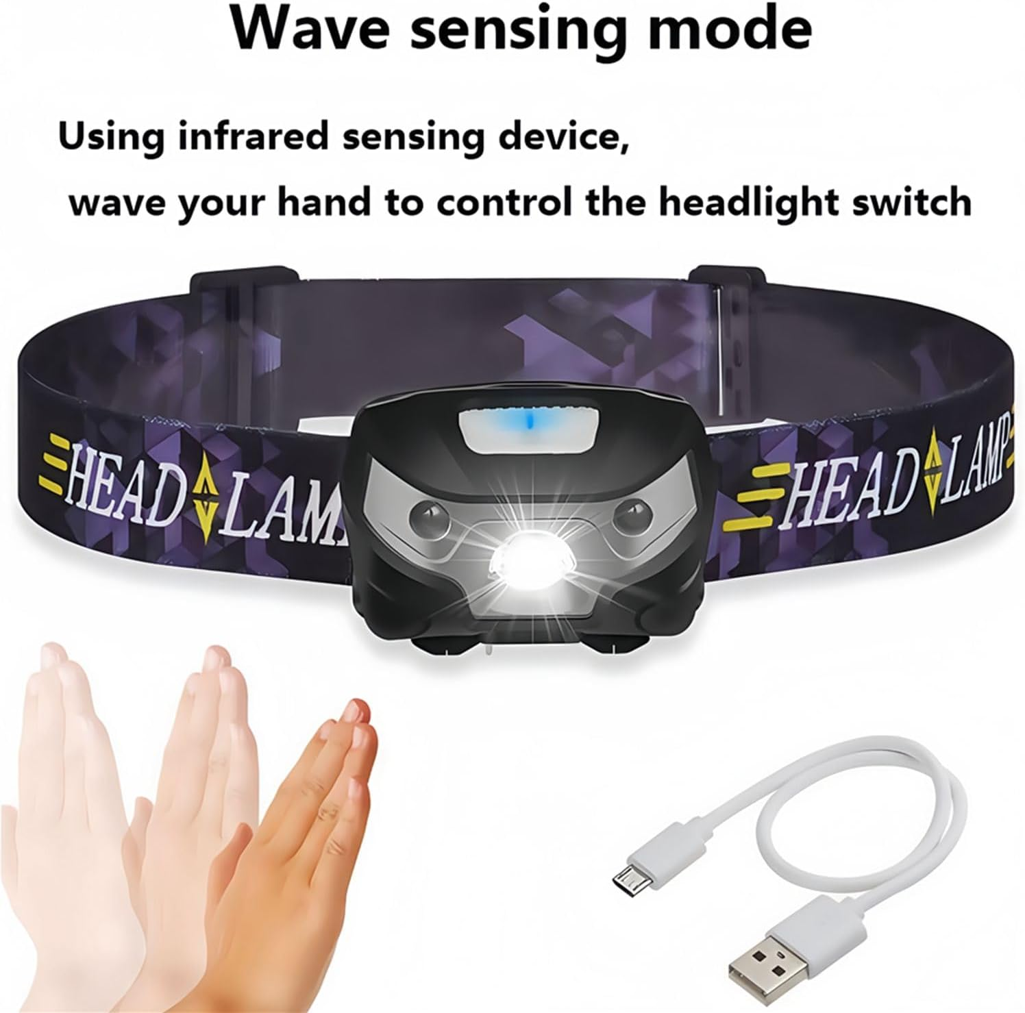 Headlamp Rechargeable with Motion Sensor: Waterproof LED Head Torch, Ultra-Bright Lightweight Headlight for Camping Hiking Night Running Fishing Cycling USB Charging, Adjustable Angle