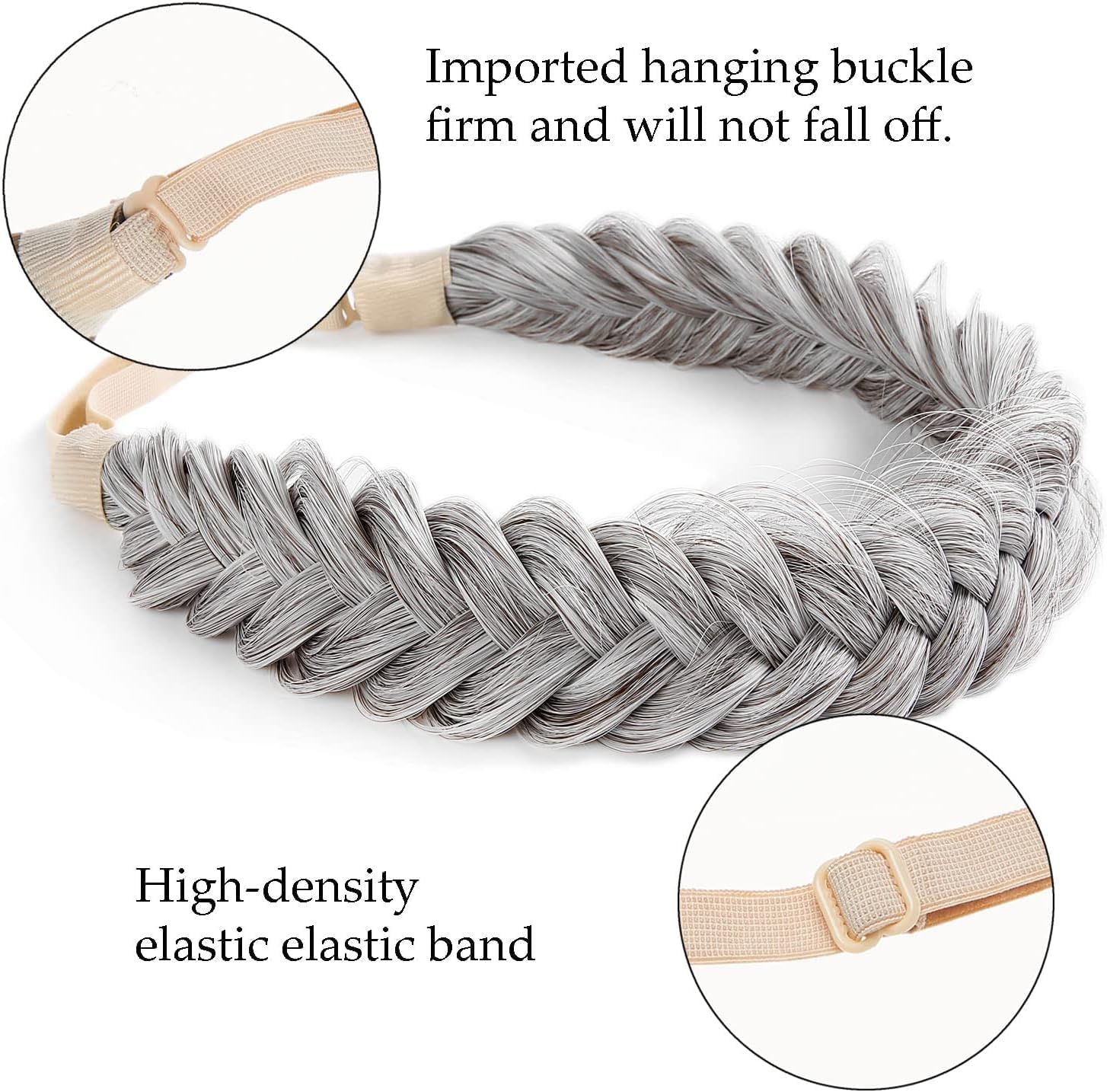 Synthetic Hair Braided Headband Classic Wide Strands Wedding Disorderly Fluffy Braids Wig Band Women Beauty Accessory (Grey, One Size) image number 4
