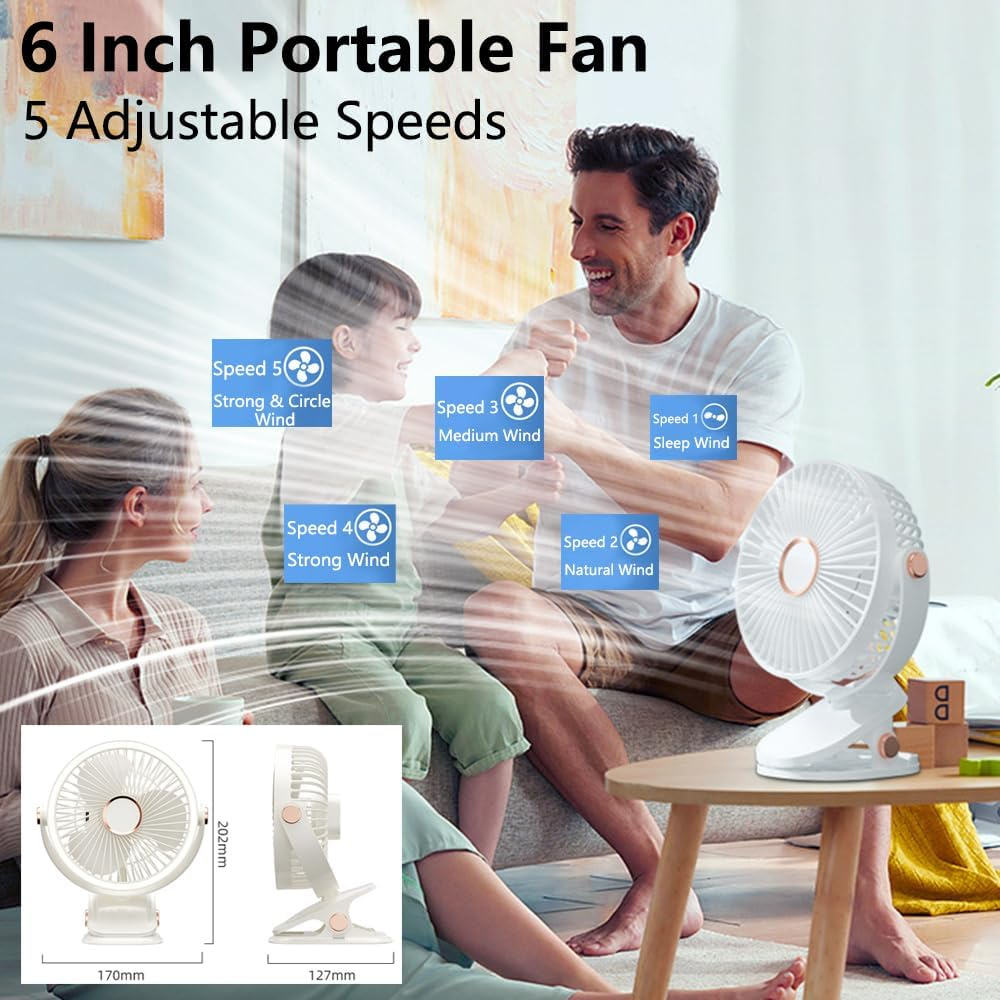 Vekol Portable Clip on Fan, Battery Operated Fan, Powerful USB Desk Fan with LED Light, 5 Speed Rechargeable Mini Table Fan, 360&deg; Rotate Personal Cooling Fan for Home Office Stroller Camping image number 6