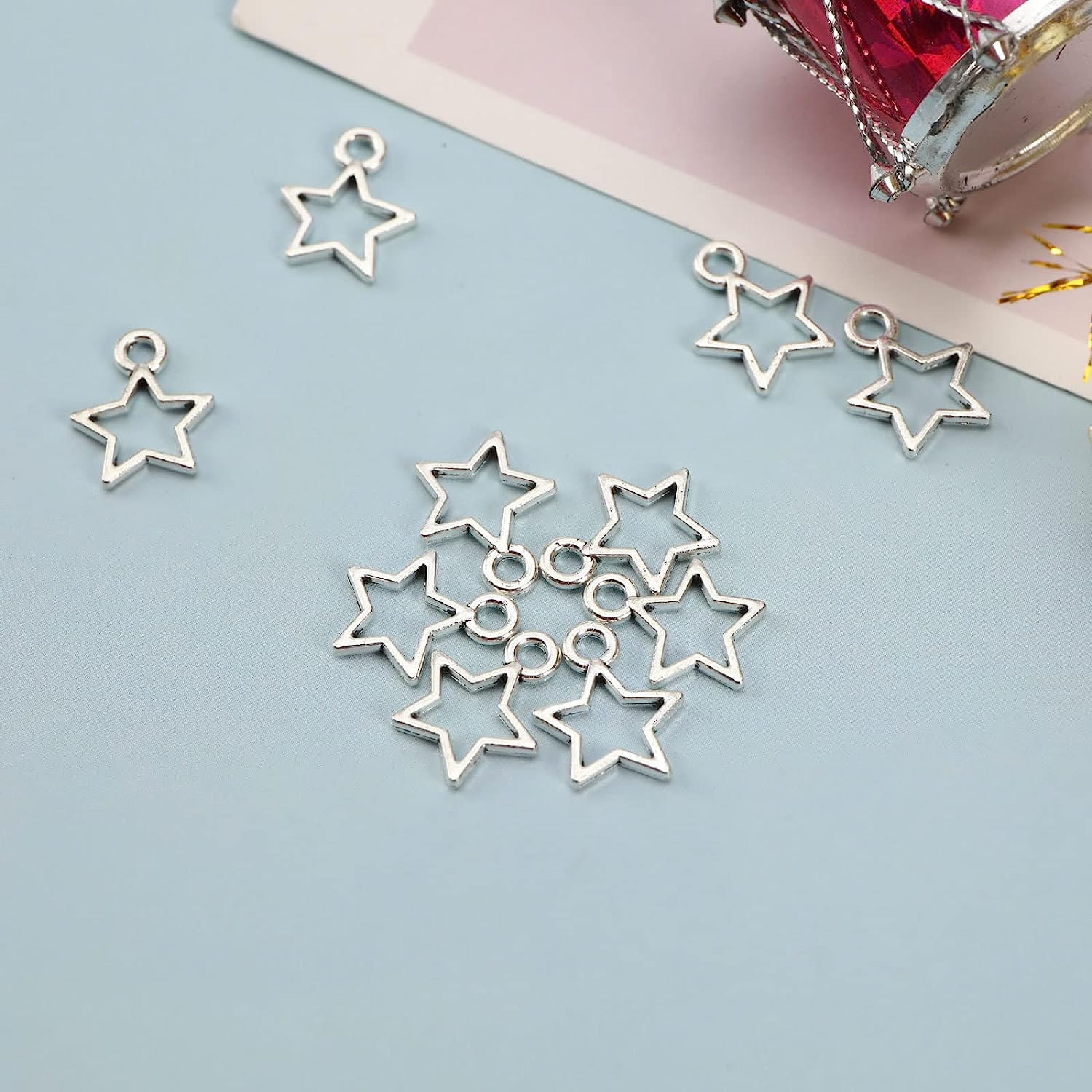 160Pcs Star Pentagram Hollow Frame Charms Open Bezel Frame Antique Silver Pendant DIY Crafts Bracelets Necklace Jewelry Making 14X11Mm Alloy image number 4