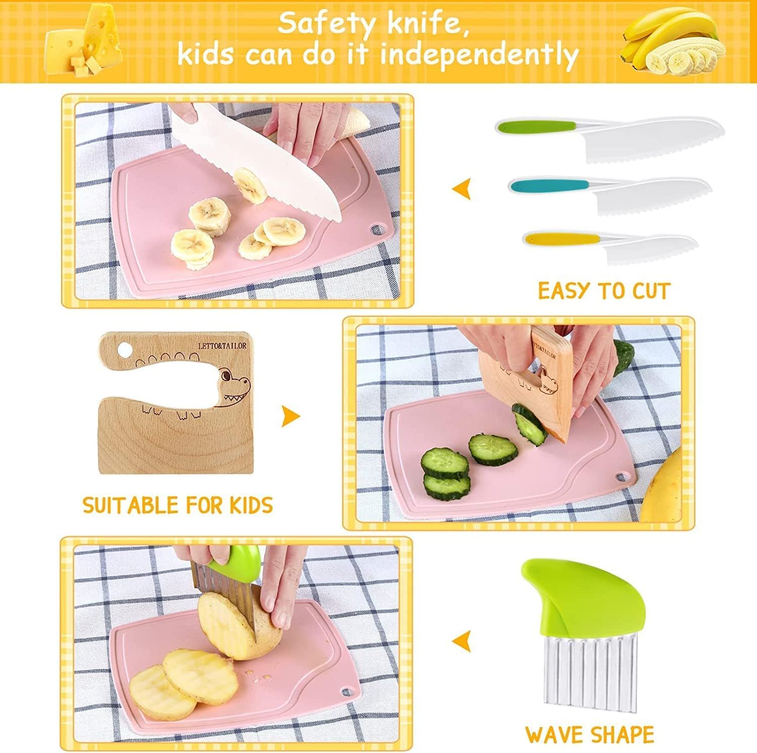 27 Piece Children'S Wooden Kitchen Knife Set with Wooden Children'S Knife, Vegetable Cookie Cutters, Plastic Toddler Knife, Crinkle Cutter, Sandwich Cutter and Many More image number 3