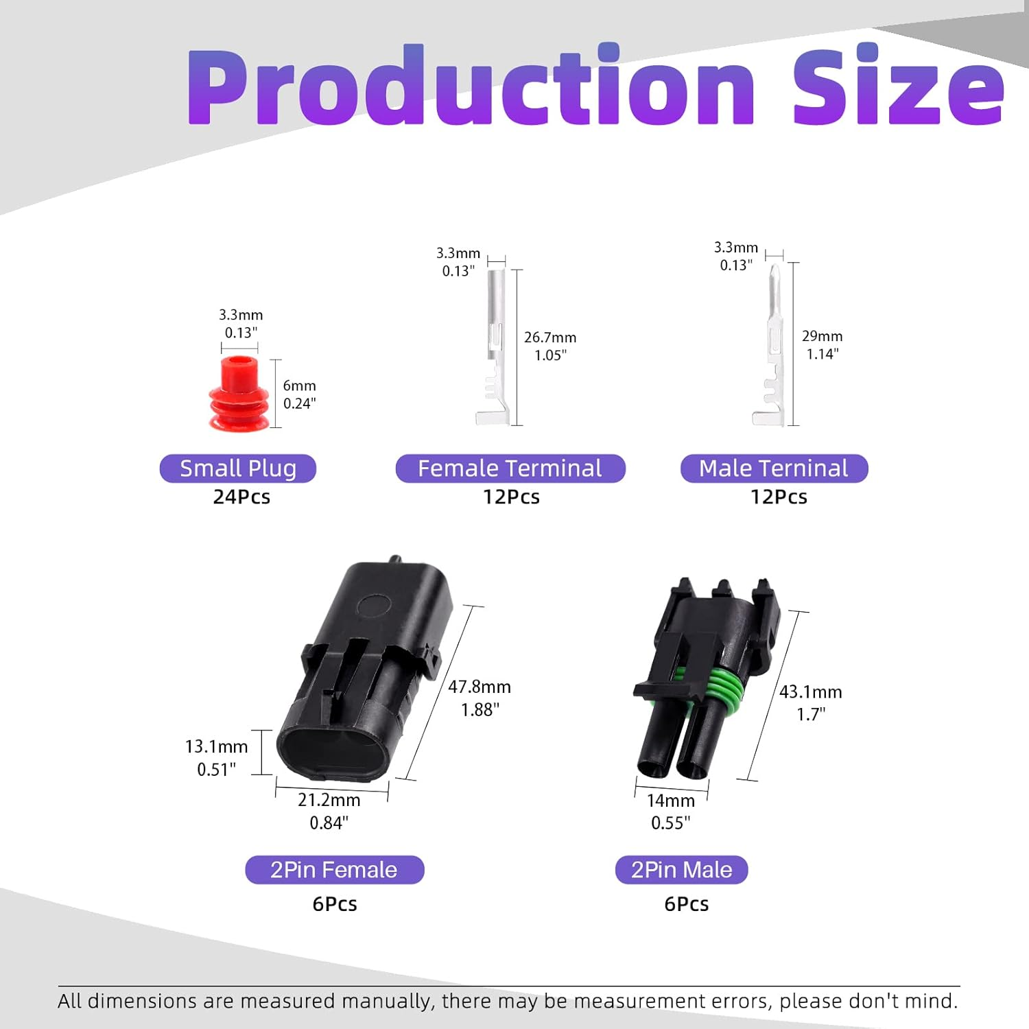 Swpeet 60Pcs 2Pin Male & Female Pin Waterproof Automotive Electrical Wire Connectors Terminals Plug with Rubber Cable Seal Assortment Kit, 22-14AWG Wire Harness Spark Plug Terminals Plug image number 6