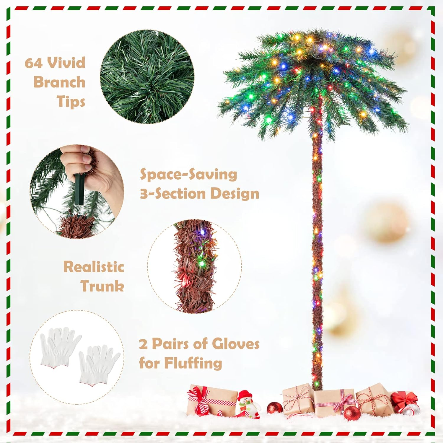 Costway 2 in 1 1.8M Artificial Palm Tree W/ 64 PVC Branch Tips & 210 Four-Color LED Lights, Pre-Lit Decoration Tree for Christmas, Xmas Celebration Tree for Home, Office & Carnival, 2 Pairs of Gloves image number 2