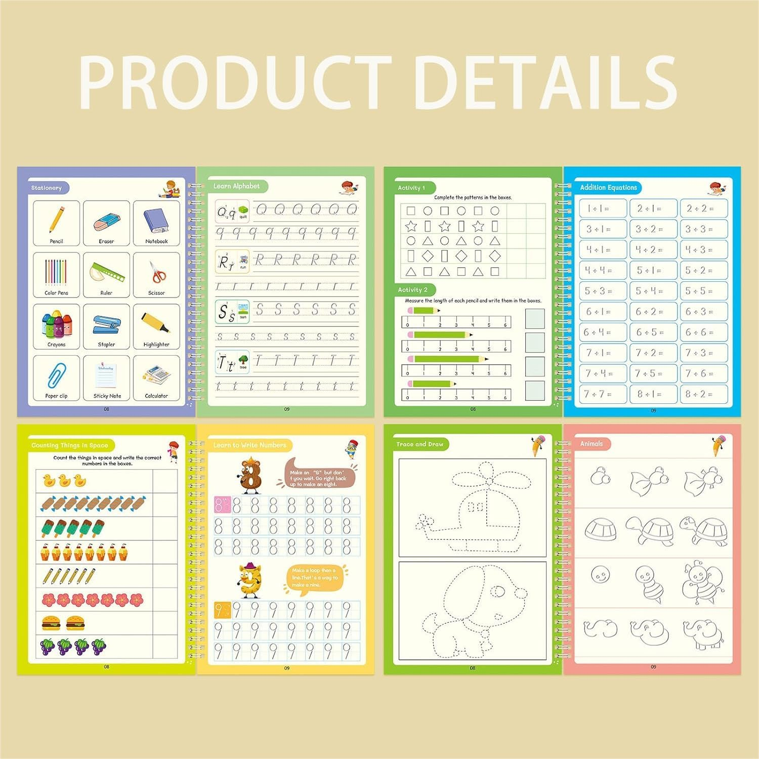 4 Pack Large Grooved Writing Book Set, Betterjonny Reusable Handwriting Book Practice, Tracing Alphabet, Numbers, Math and Drawing for Age 3-6 (4 Books & 4 Pens & 6 Aid Pen Grips & 40 Pen Refills)