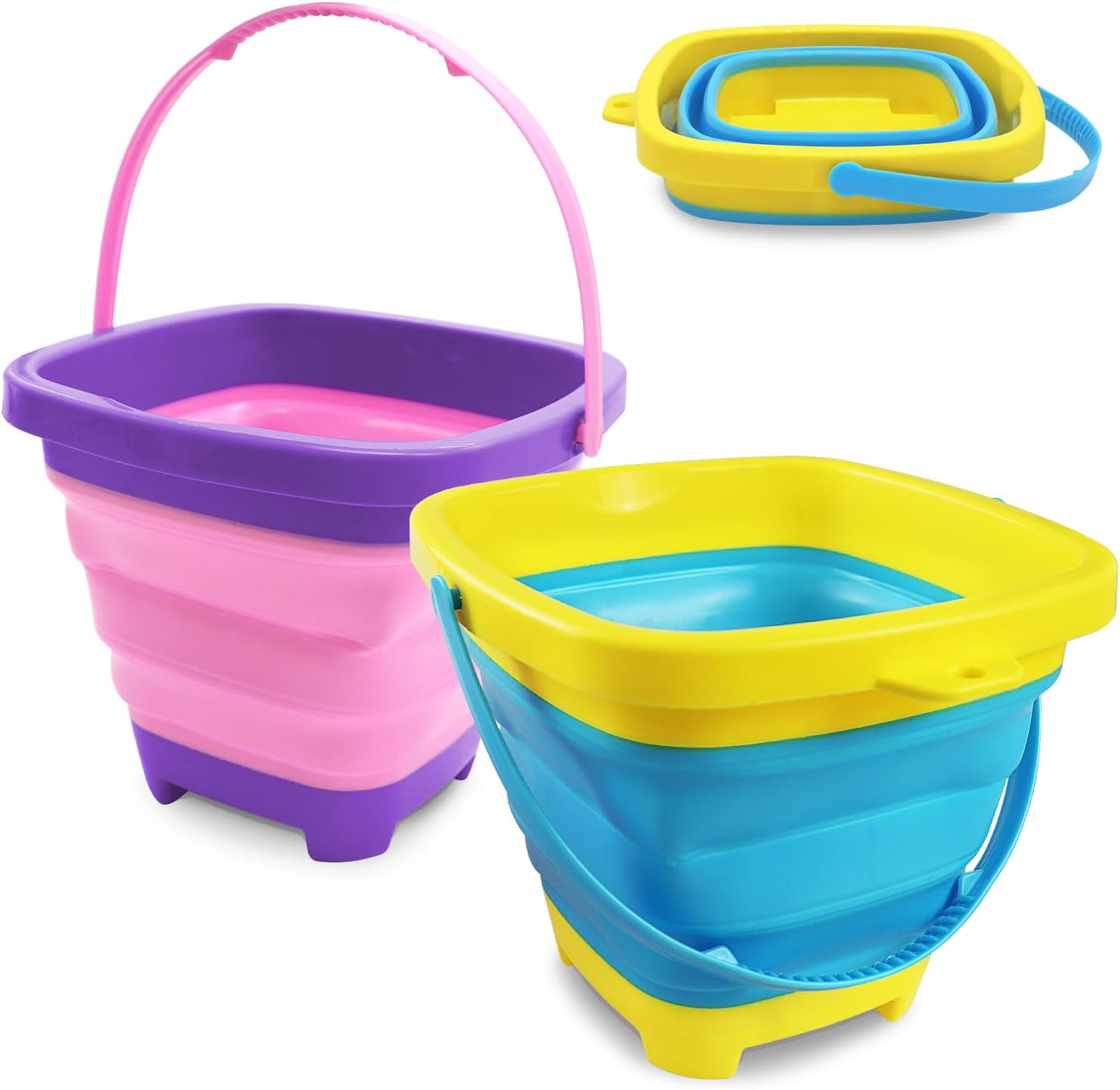 2Pcs Foldable Beach Play Sand Pails, Collapsible Buckets with Handle for Kids, Outdoor Summer Beach Camping (Pink-Purple+Blue-Yellow)