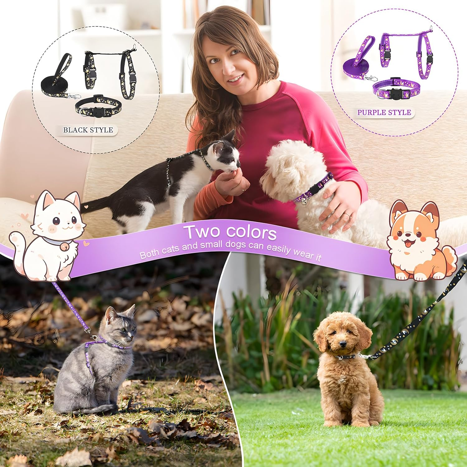 Set of 2 Cat Harness with Lead, Collar Set, Adjustable Nylon Harnesses, Cat Lead with Adjustable Reflective Strips for Small Cats, Puppies, Outdoor, Garden, Walking, Training, Playing