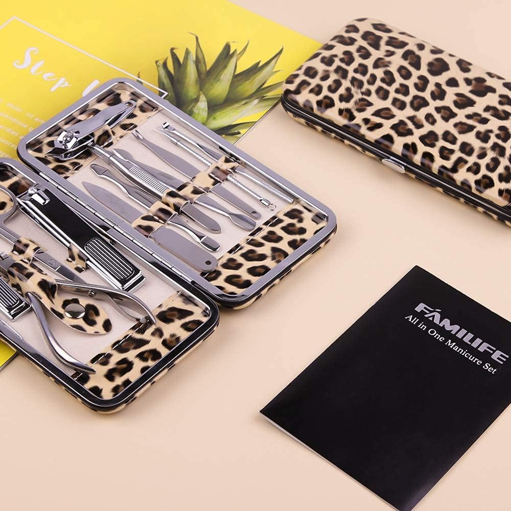 Manicure Kit, FAMILIFE 12Pcs Nail Clippers Set Stainless Steel Multipurpose Kit Grooming Tools Kits with Leopard Print Case - Leopard Print image number 2