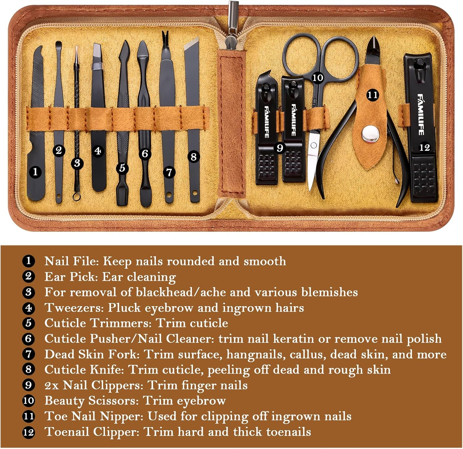 FAMILIFE Manicure Set, Professional Manicure Kit Nail Clipper Set Stainless Steel Pedicure Tools Kit with Leather Travel Case for Women Girl Men (Brown) image number 5