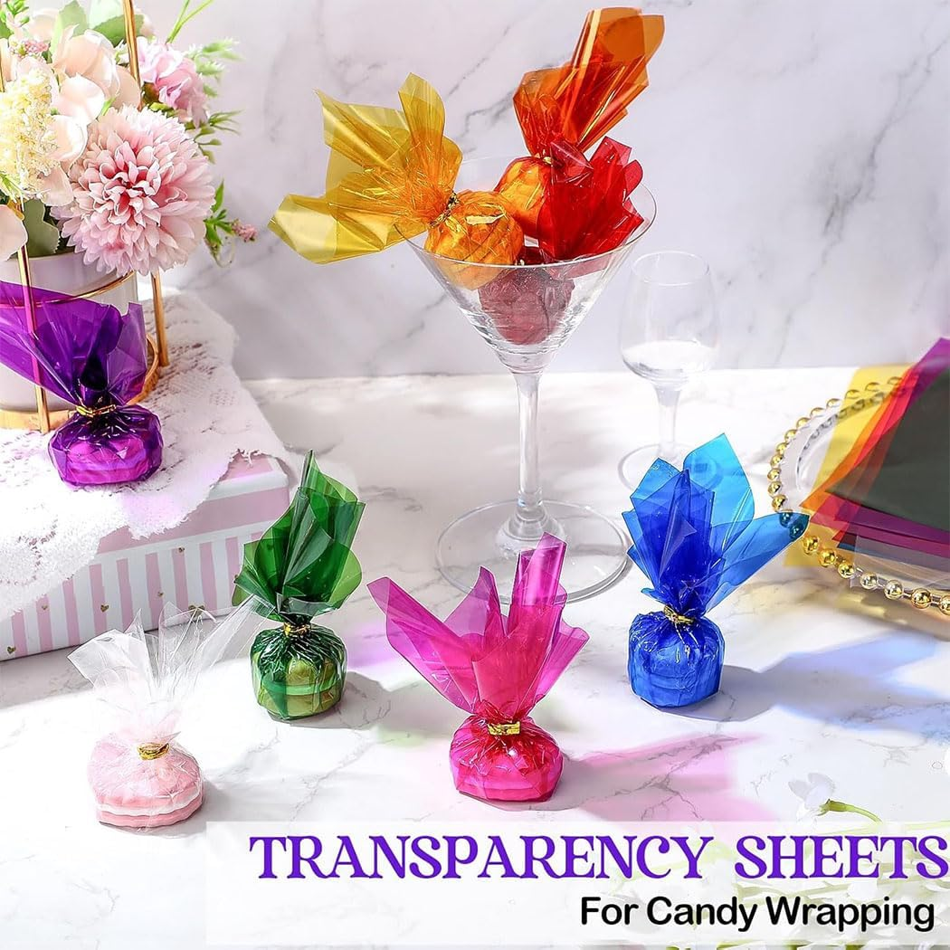 Aufondof 160 Pcs Cellophane Sheets 7.5X7.5 in Colored Cellophane Wrap Transparent Glass Wrap Paper for Candy Cookies Packing DIY Crafts Decorations image number 5