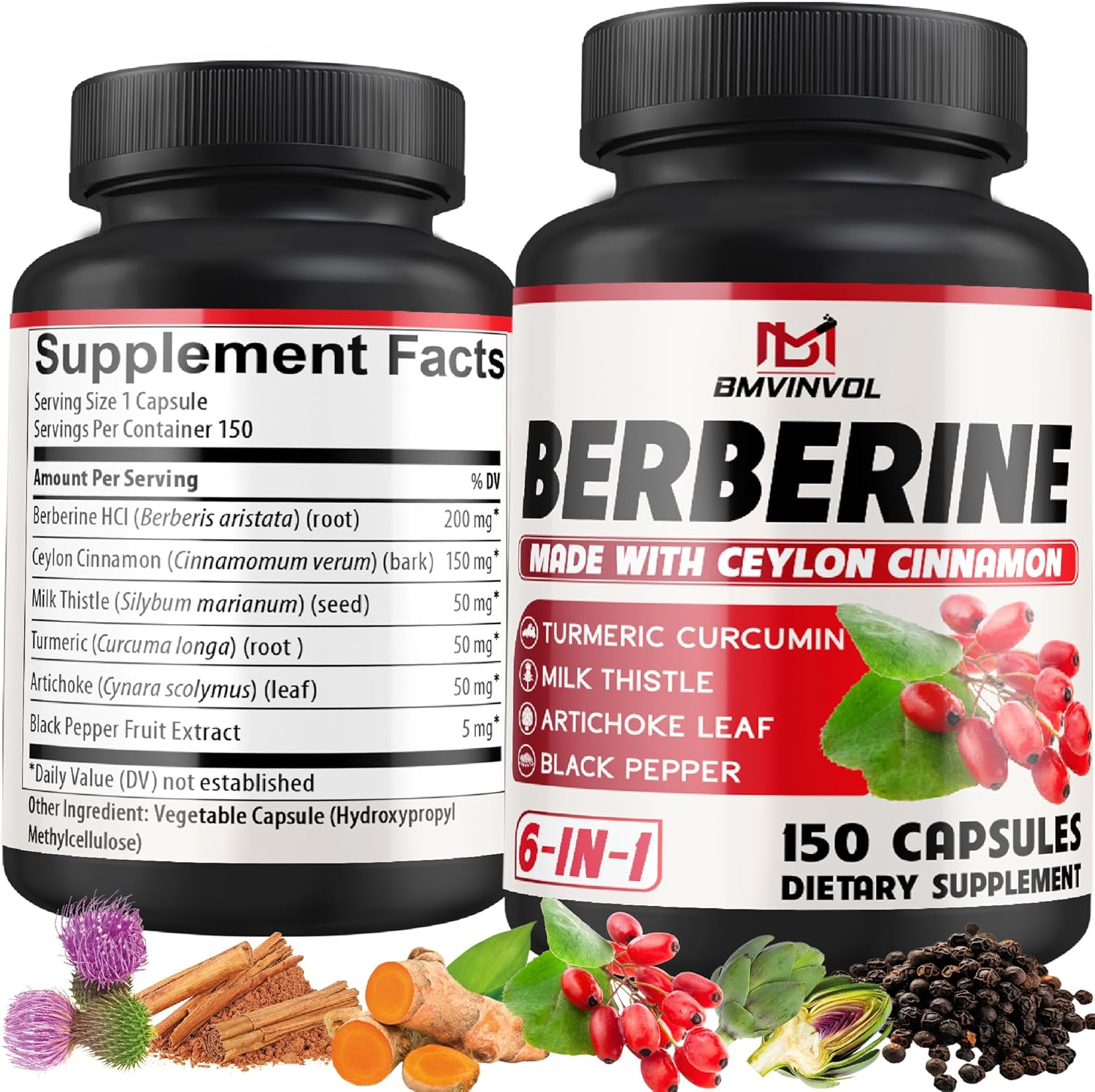 Berberine Hcl, 150 Capsules - plus Ceylon Cinnamon, Turmeric, Milk Thistle, Artichoke, Black Pepper, Berberine HCI Root Supplements Pills - Immune System image number 4