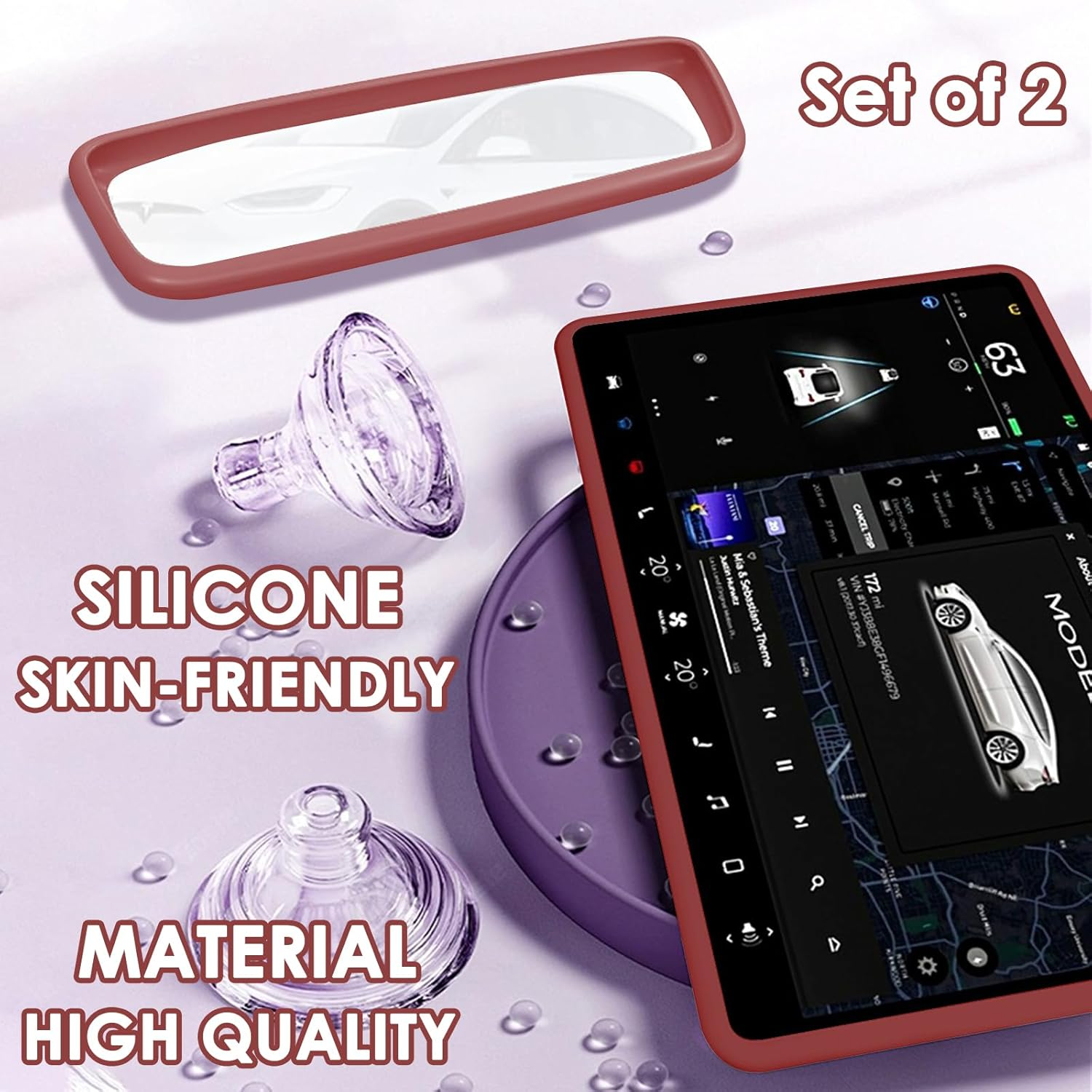 2PCS Protector Trim Frame Compatible with Tesla Model 3 Y 2019-2024 2025 Screen Edge Frame Rearview Mirror Cover Interior Silicone Decorations Center Console Decor Highland Juniper Accessories (Red) image number 5