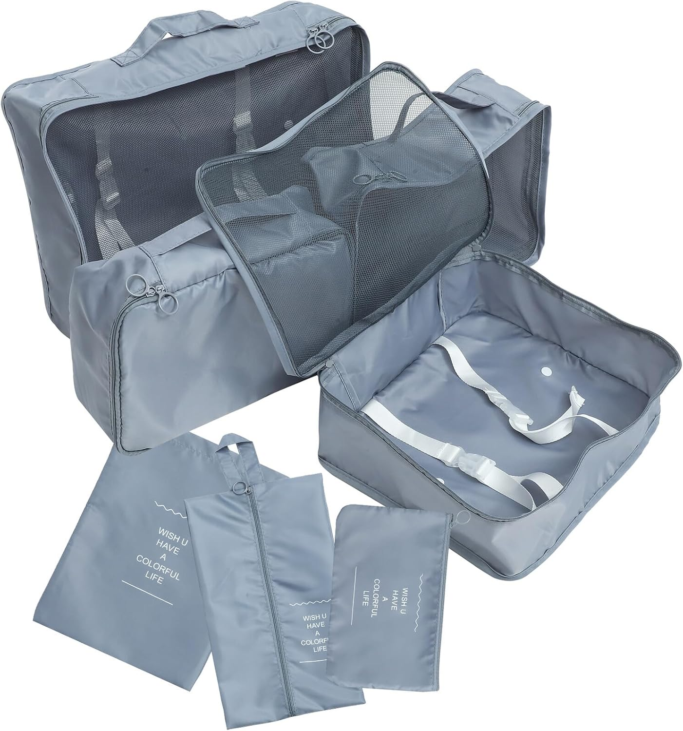 LIGIGWASH 7Pcs Travel Packing Cubes Set Luggage Organizer Bags with Drawstring Storage Pouches for Suitcases Clothes Shoes Grey Folding Travel Organizer image number 2