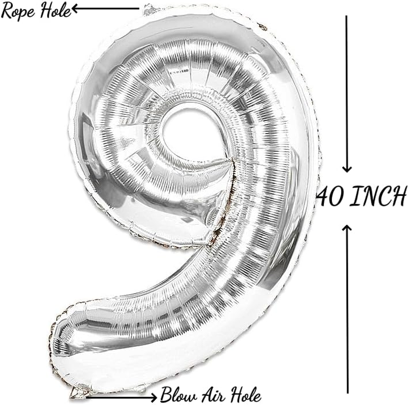 YALLOVE Giant Silver Balloon Number, 40 Inch Foil Big Number 9 Balloons for Birthday Anniversary Baby Shower New Year'S Eve image number 4
