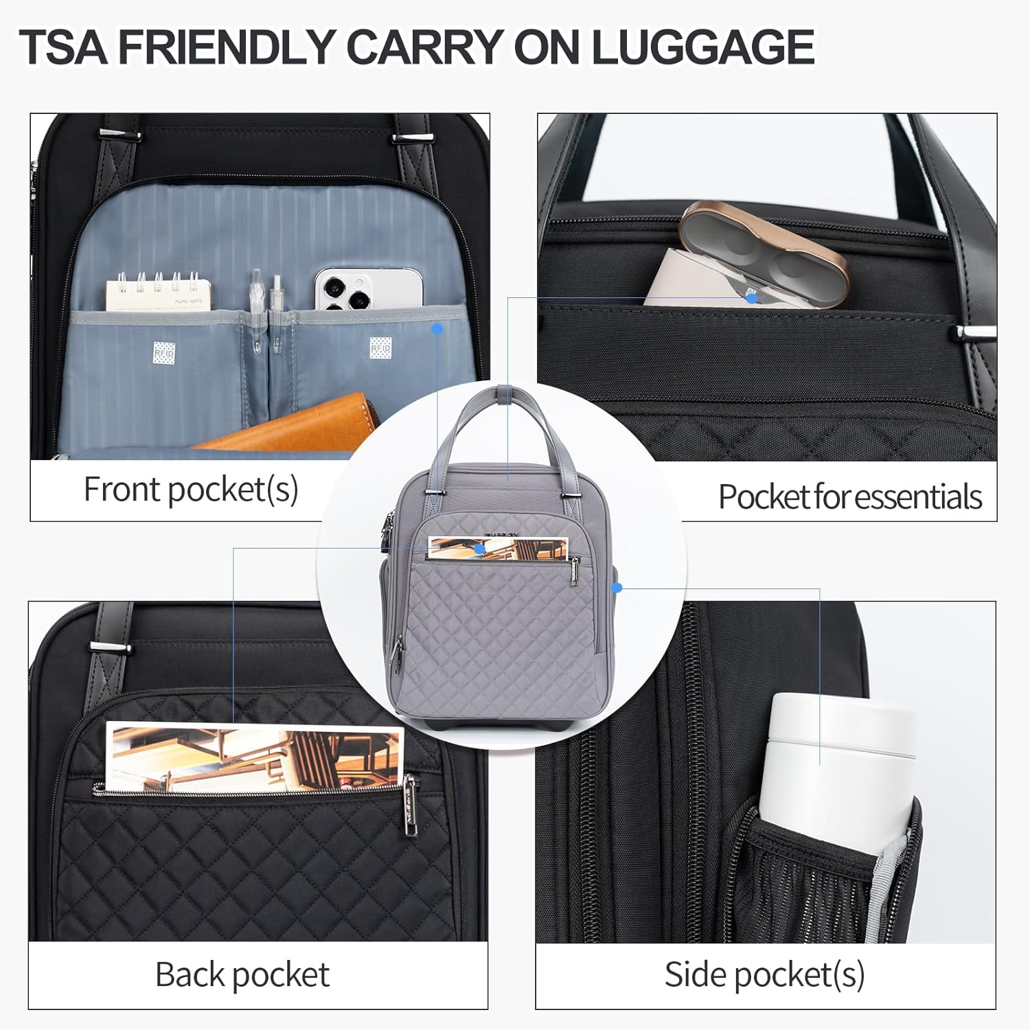 EMPSIGN Underseat Carry on Wheeled - 16" Carry on Bag with Wheels Multi-Functional Lightweight Rolling Bag Overnight Weekender Small Suitcase for Women Men Travel Business, Black image number 6